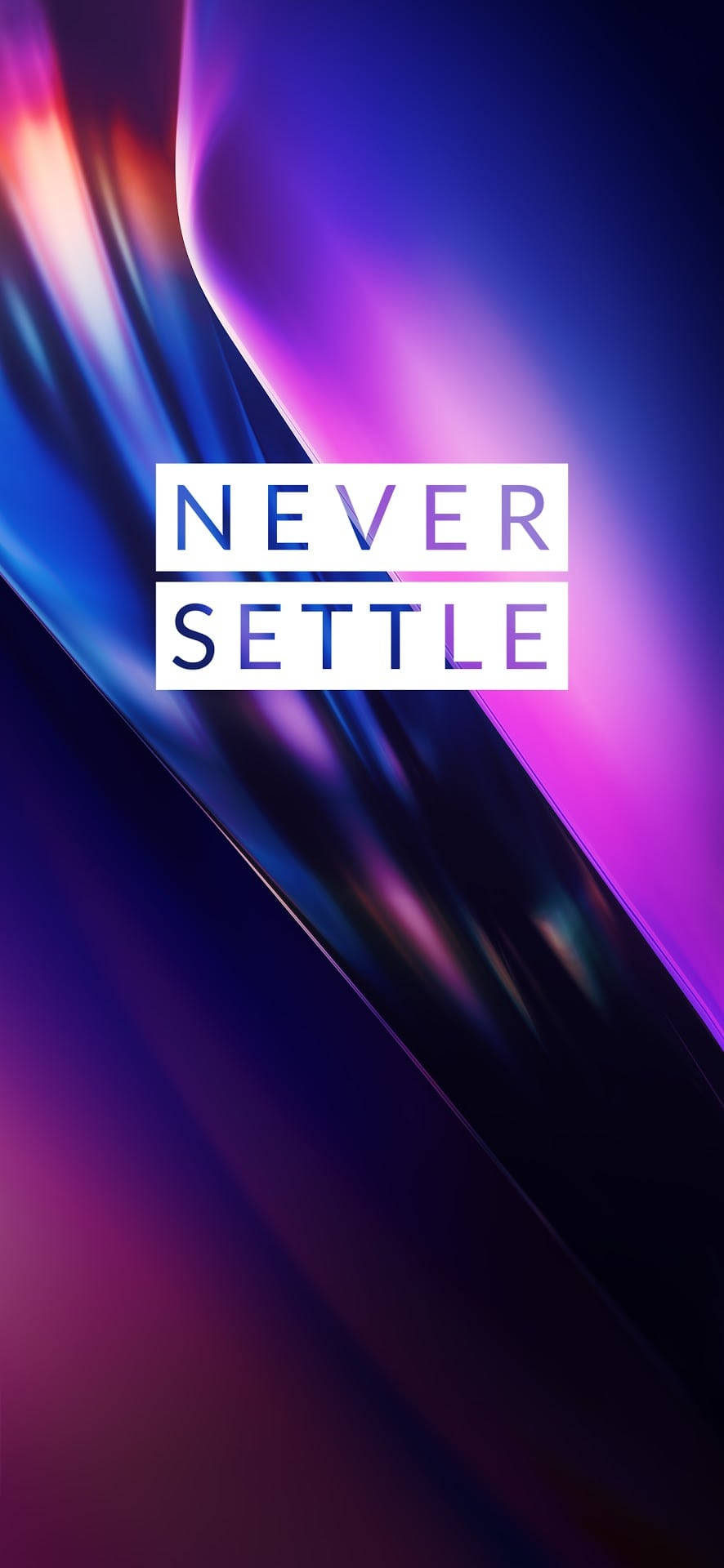 動態的紫色和藍色光線條紋，帶有白色文字 never settle。