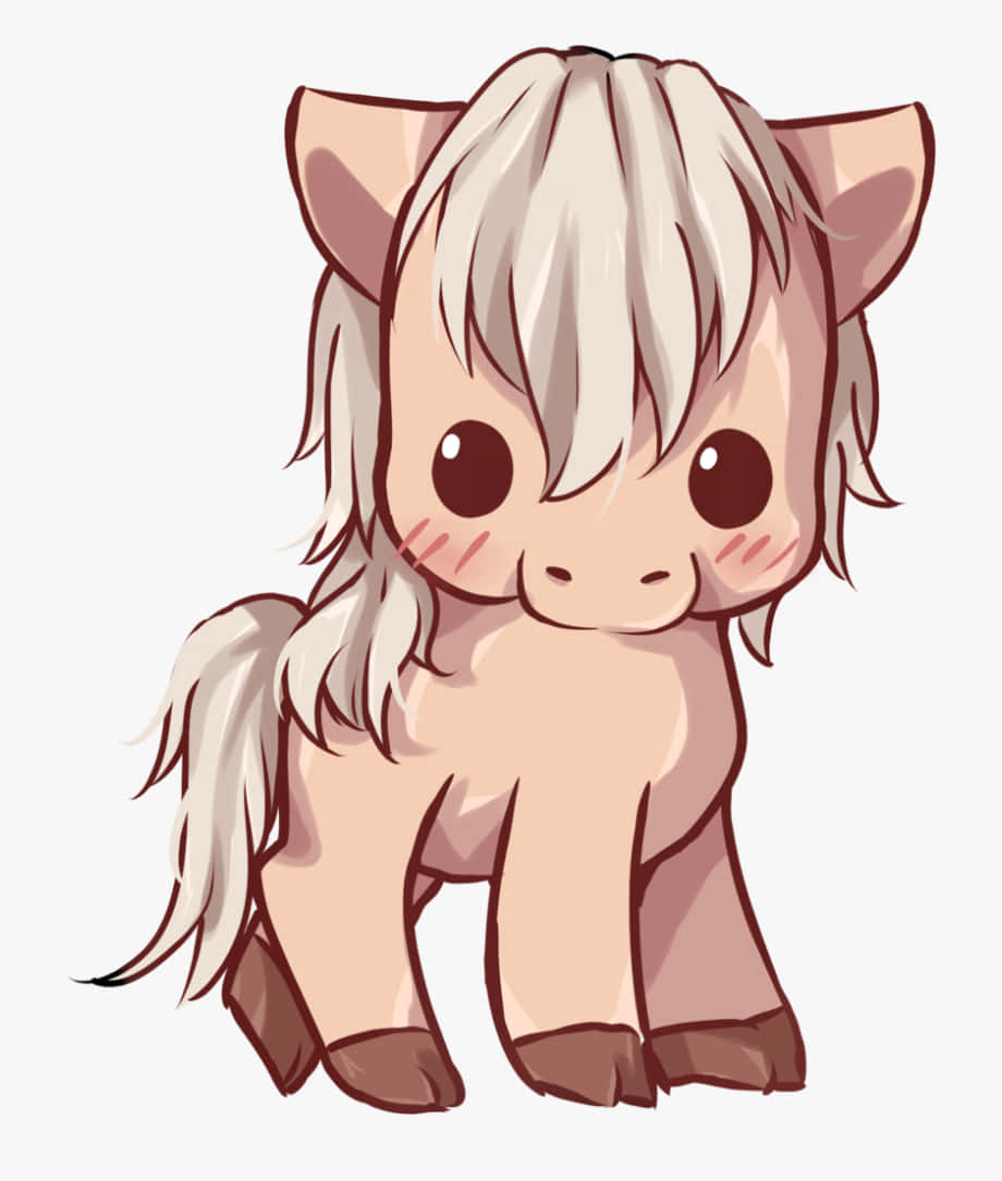 一匹可愛的馬兒，擁有甜美臉龐 壁紙 — 一隻可愛的 chibi 小馬，白色頭髮，大大的棕色眼睛，站在純色背景前。