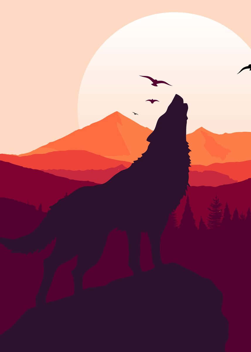 Wolf Silhouette 桌布 壁紙 — 一匹孤狼在懸崖頂上，對著層巒疊嶂和飛鳥的壯麗日落嚎叫。