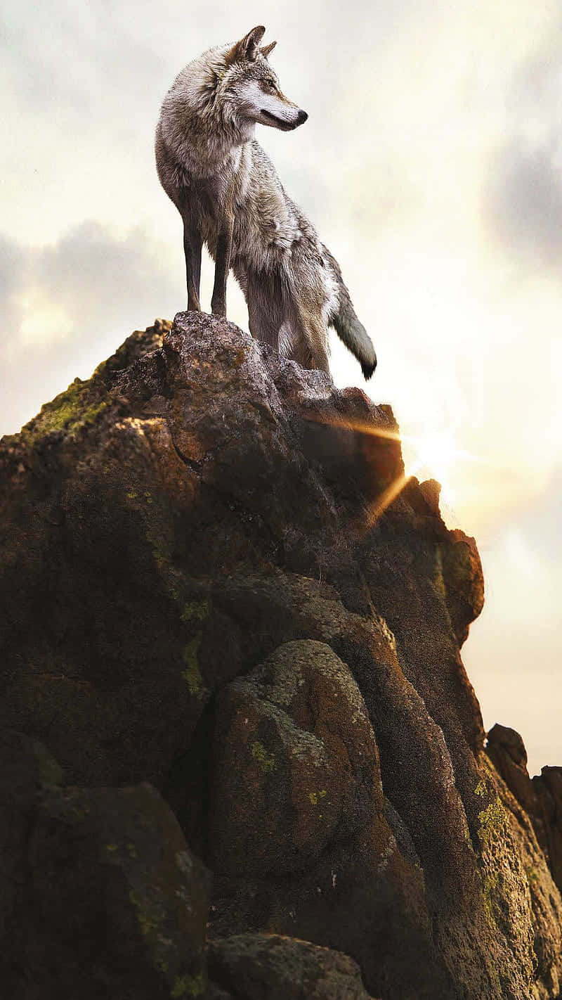 Wolf In Mountains 桌布 壁紙 — 一匹孤狼威風凜凜地站在長滿青苔的懸崖上，身後的金色陽光穿過雲層灑落。