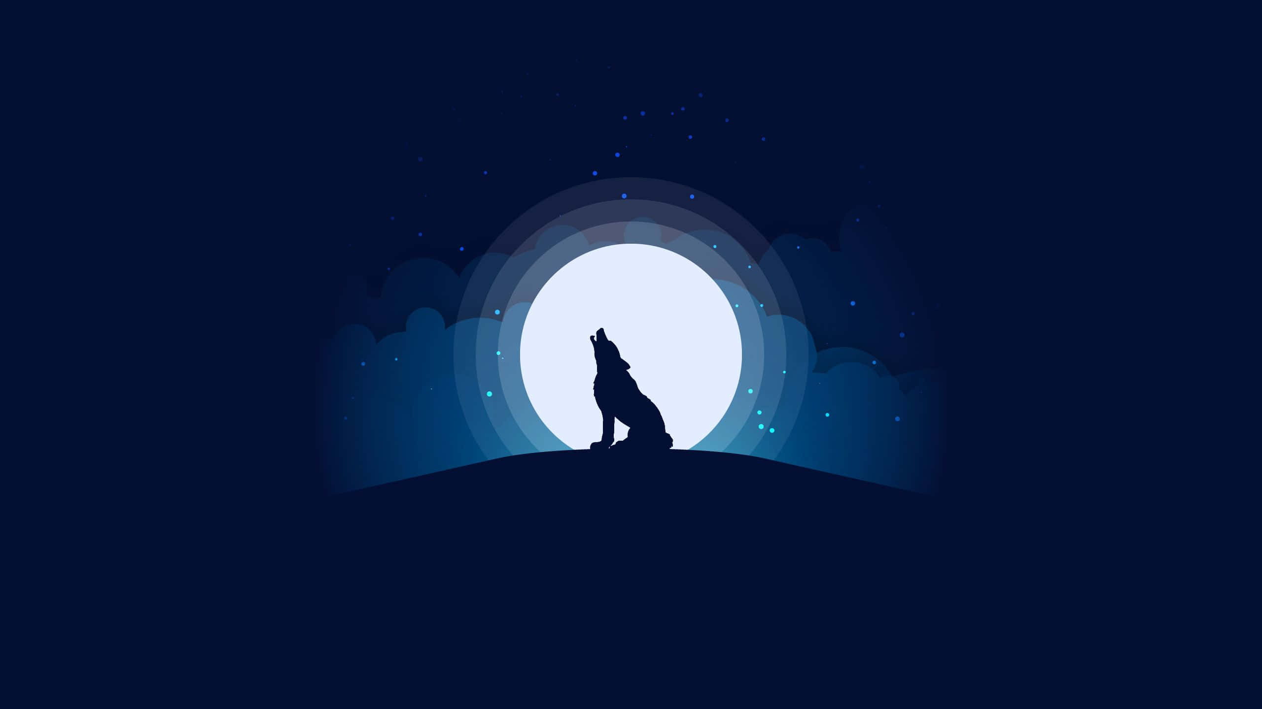 Wolf Minimalist 桌布 壁紙 — 一匹孤狼的剪影，在繁星點點的夜空下，對著被層層雲朵環繞的明亮滿月嚎叫。
