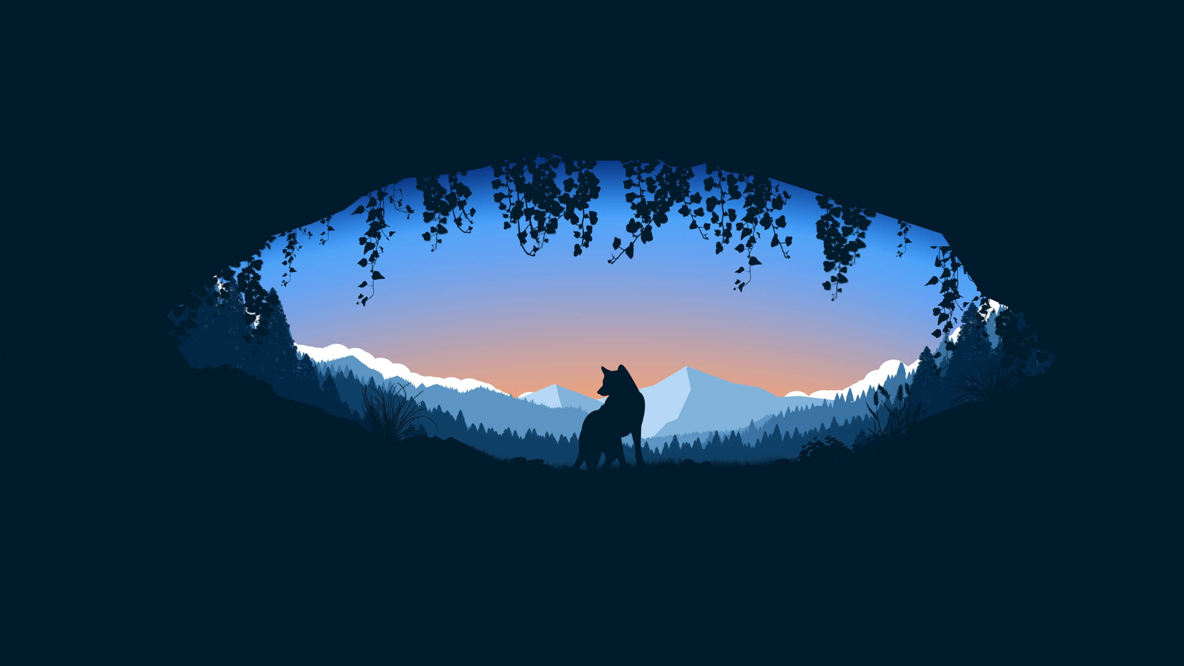 Wolf Minimalist 桌布 壁紙 — 一匹孤狼的剪影坐在洞穴入口，凝視著暮色天空下的山脈。