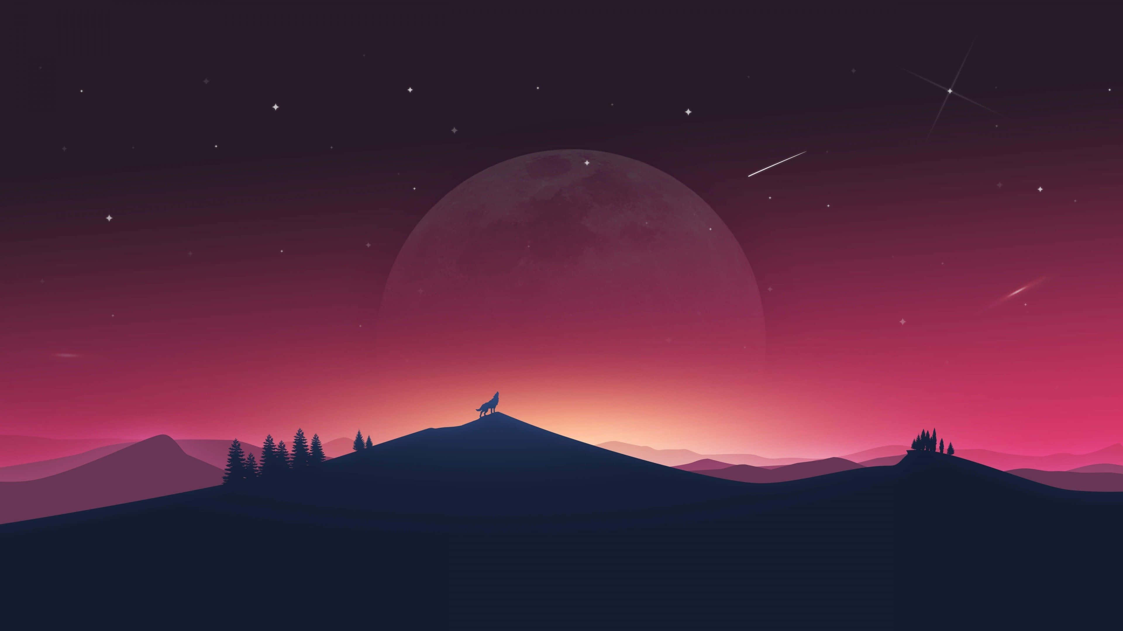Digital Art 桌布 壁紙 — 一匹孤狼站在山丘上，下方是巨大的月亮和劃過的流星，背景是充滿活力的粉紅和紫色暮色天空。