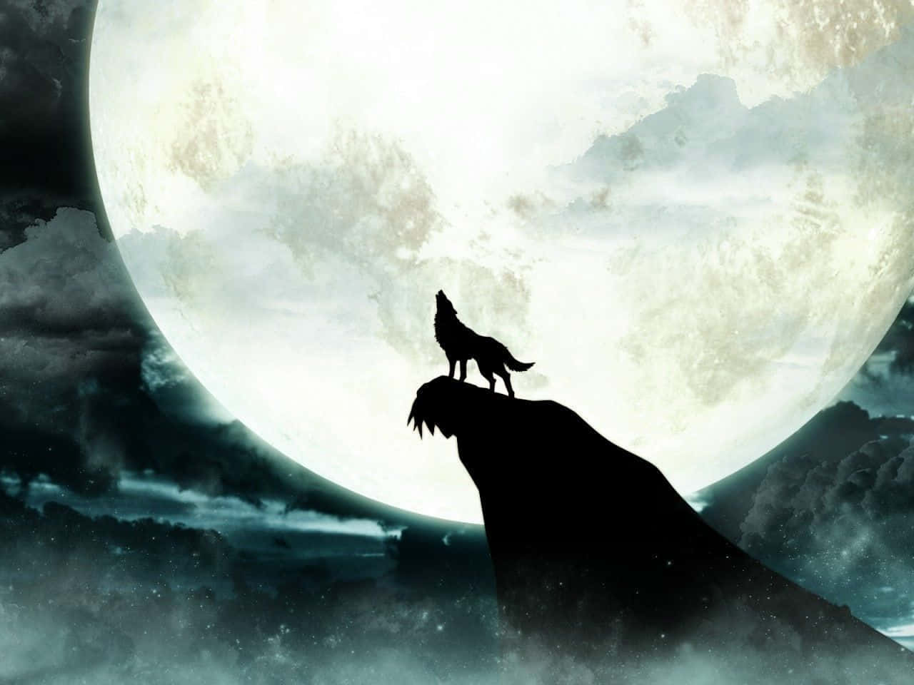 Howling Wolf 桌布 壁紙 — 一匹孤獨的狼在懸崖頂上，對著一輪巨大的發光月亮，在陰鬱的夜空中嚎叫。