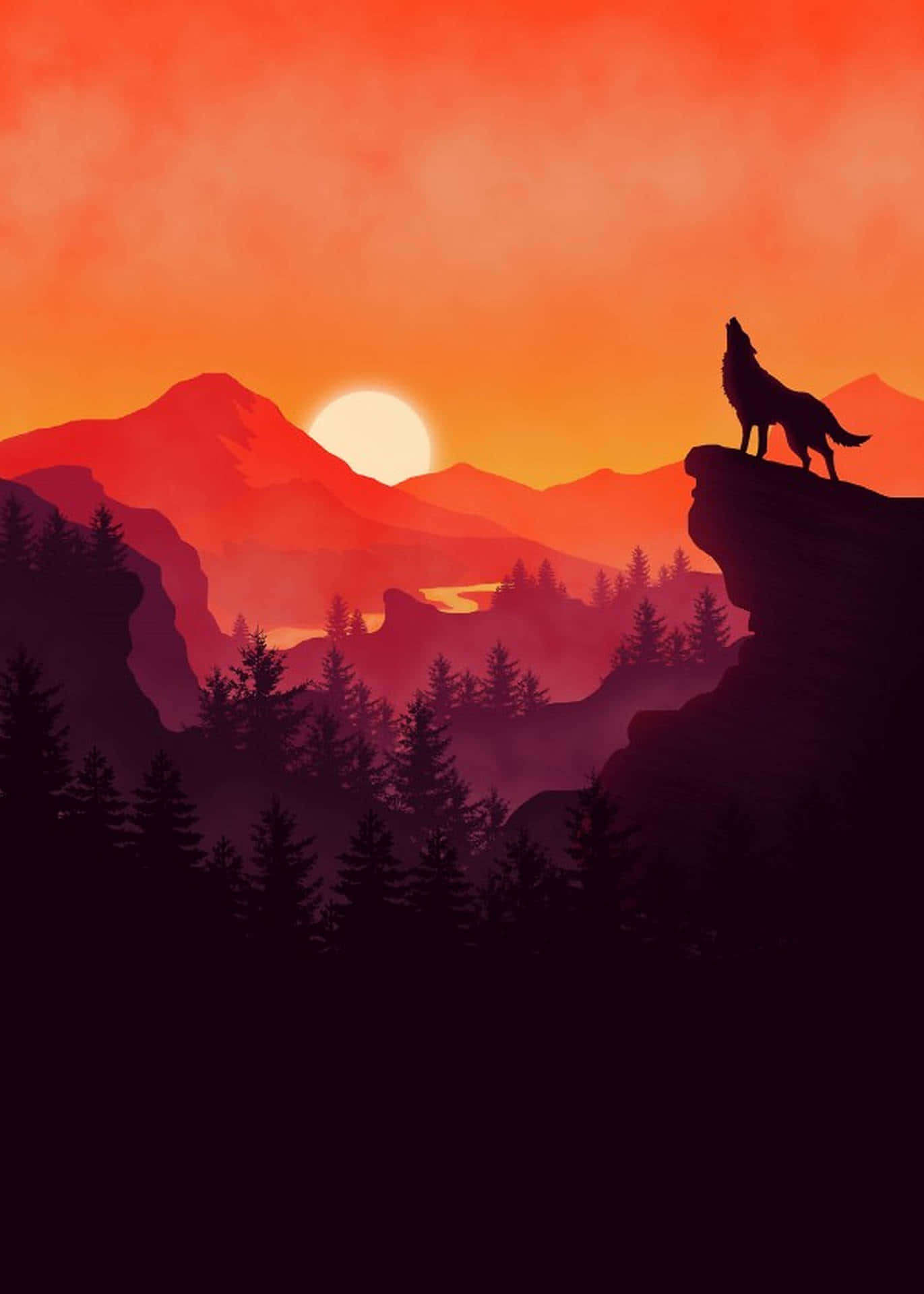 Wolf Silhouette 桌布 壁紙 — 一匹孤獨的狼在日落時分於懸崖上嚎叫，剪影映襯著熾熱的橙色山脈和發光的太陽。