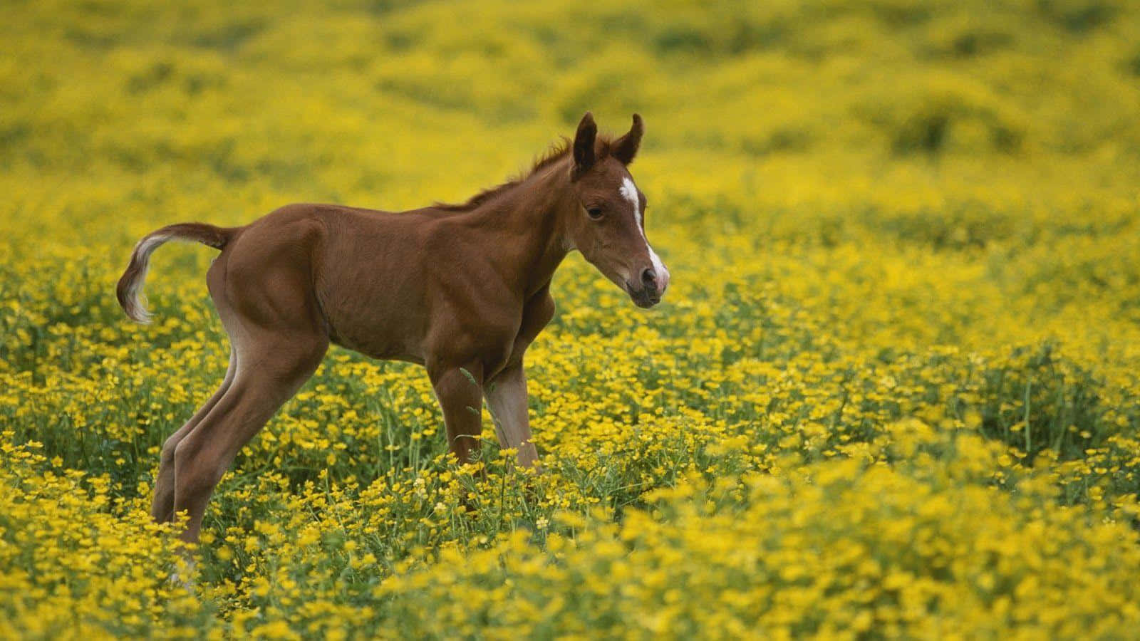 Brown Horse 桌布 壁紙 — 一匹帶有白色星形斑紋的年輕栗色小馬，在一片充滿活力的黃色野花田中警覺地站立。