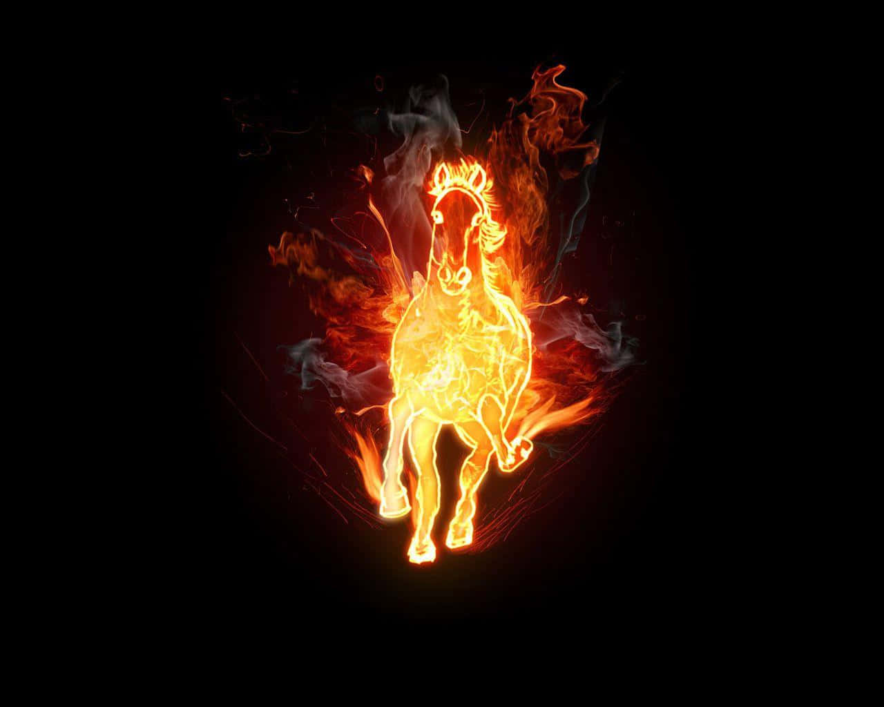 3d Fire 桌布 壁紙 — 一匹火焰馬向前奔騰，被鮮豔的橙色火焰吞沒，背景是純黑色。