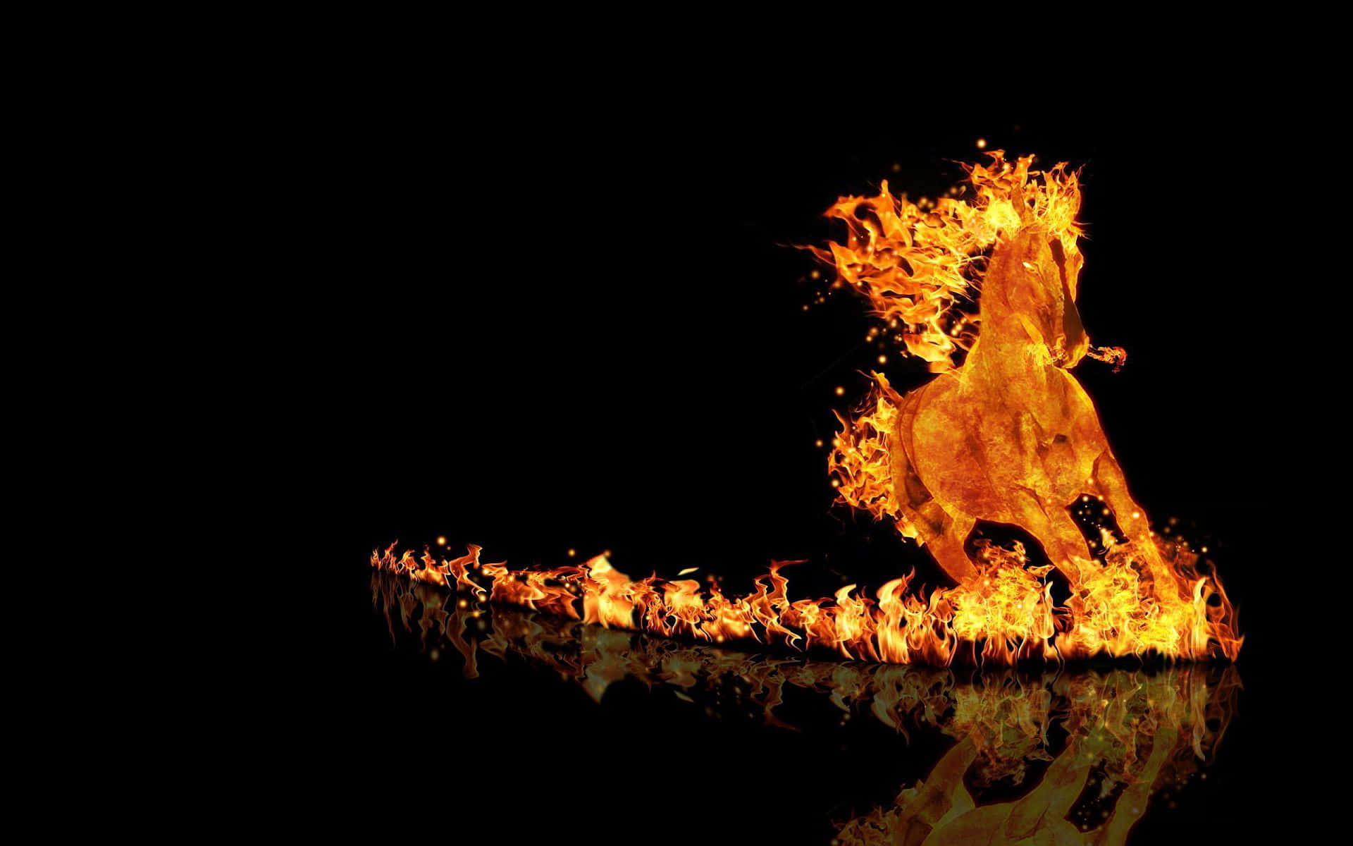 Burn 桌布 壁紙 — 一匹火焰馬在黑色背景上奔馳過反射表面，帶有鮮豔的橙色和黃色火焰。