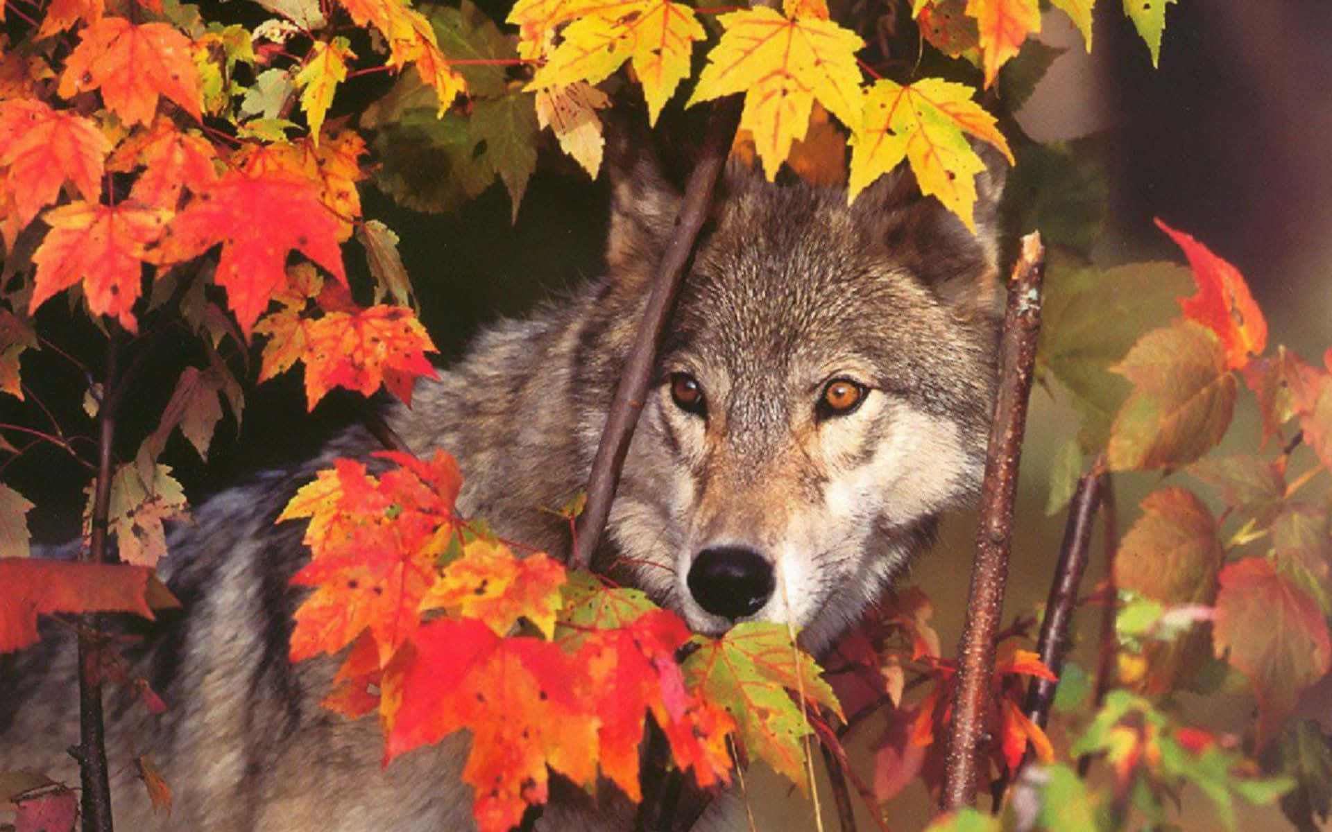 Wolf In Autumn 桌布 壁紙 — 一匹狼透過在溫暖陽光下閃耀的鮮豔秋楓葉，專注地凝視著。