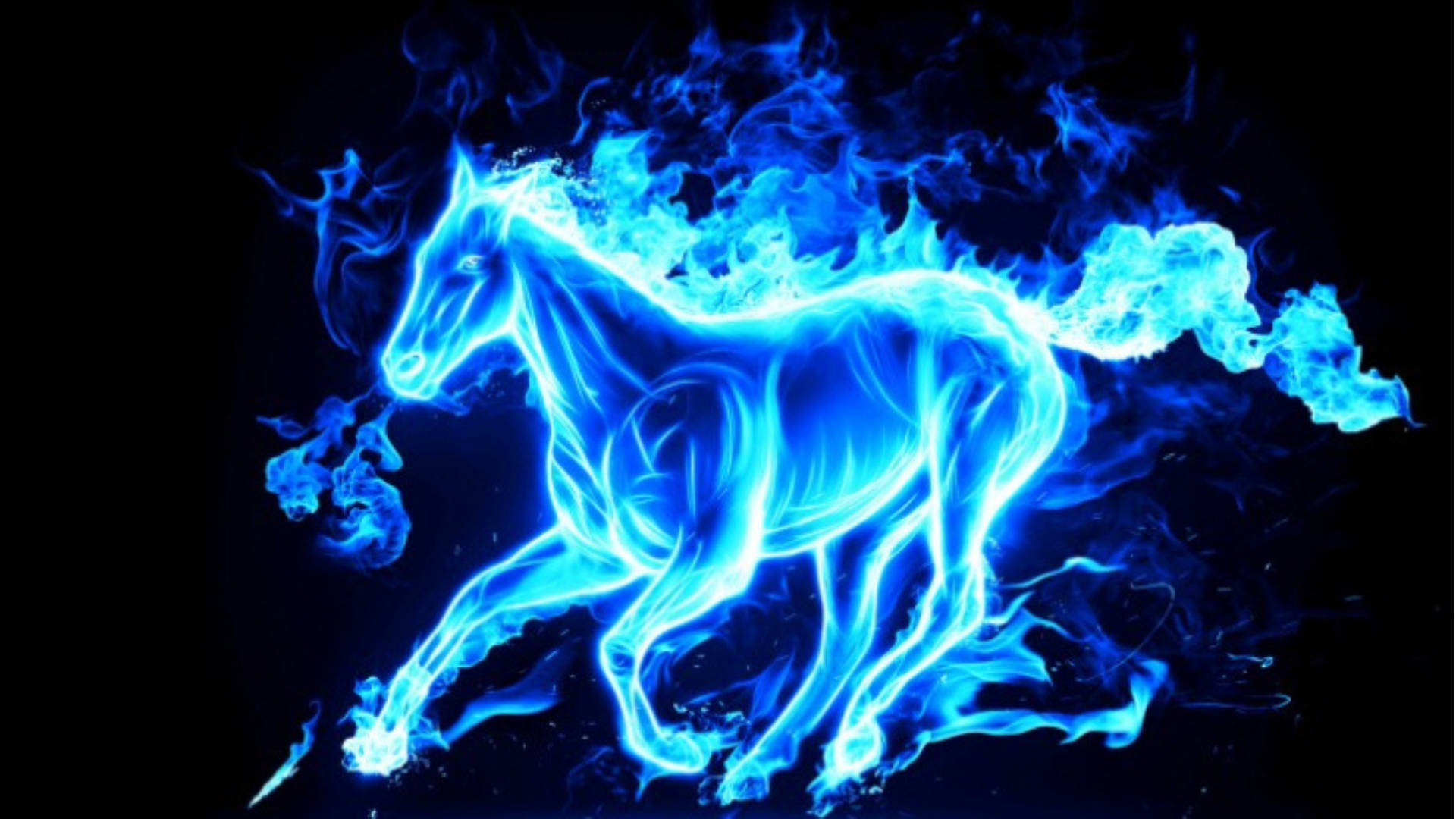 馬 桌布 壁紙 — 一匹由電光火焰組成的發光藍色駿馬，在充滿旋轉能量的黑色虛空中奔騰。