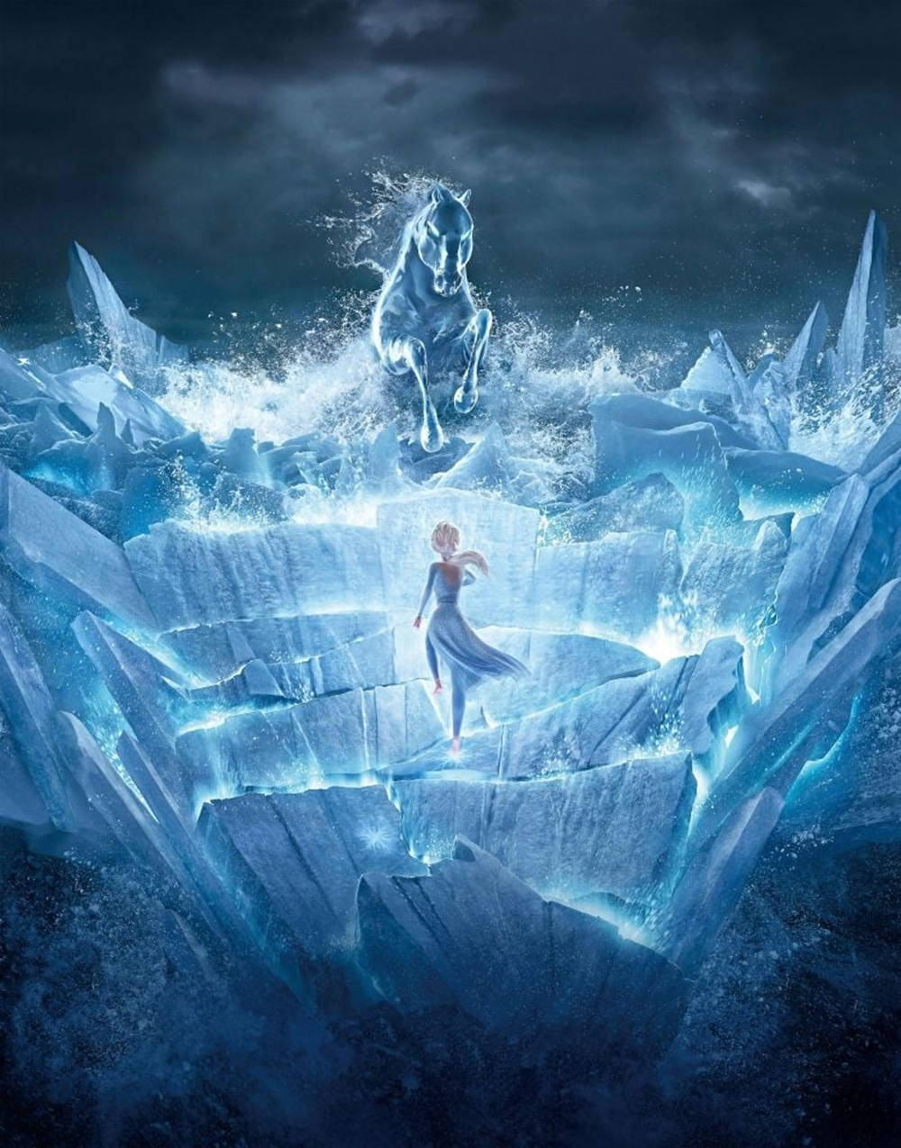 穿藍裙的女孩站在冰階上，發光的冰馬在暴風雨中在她上方跳躍。 — 魔雪奇緣2 壁紙