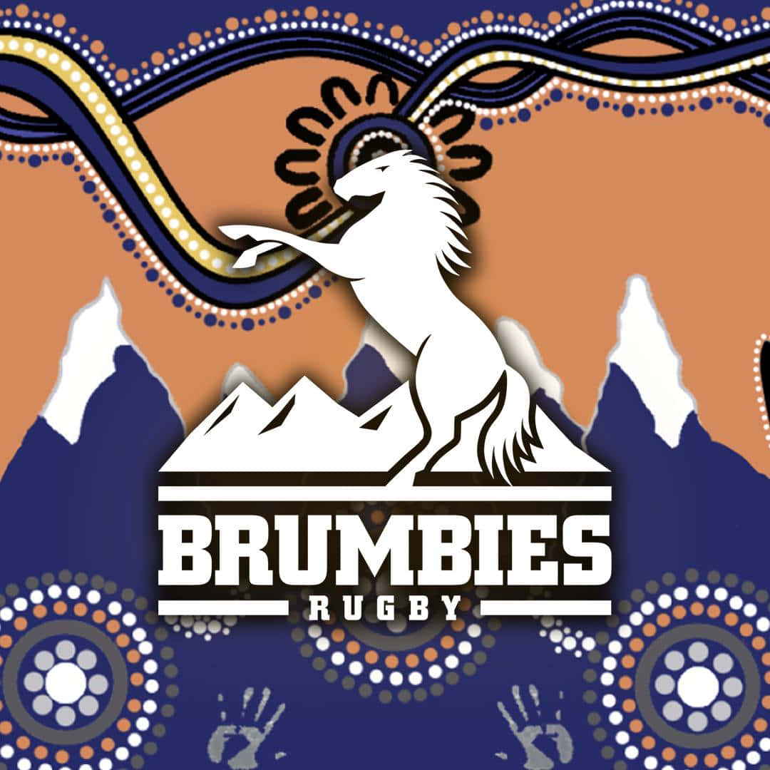 Brumbies 桌布 壁紙 — 一匹白色布蘭比馬在風格化的山脈上跳躍，背景是充滿活力的原住民點畫藝術，並帶有「BRUMBIES RUGBY」文字。
