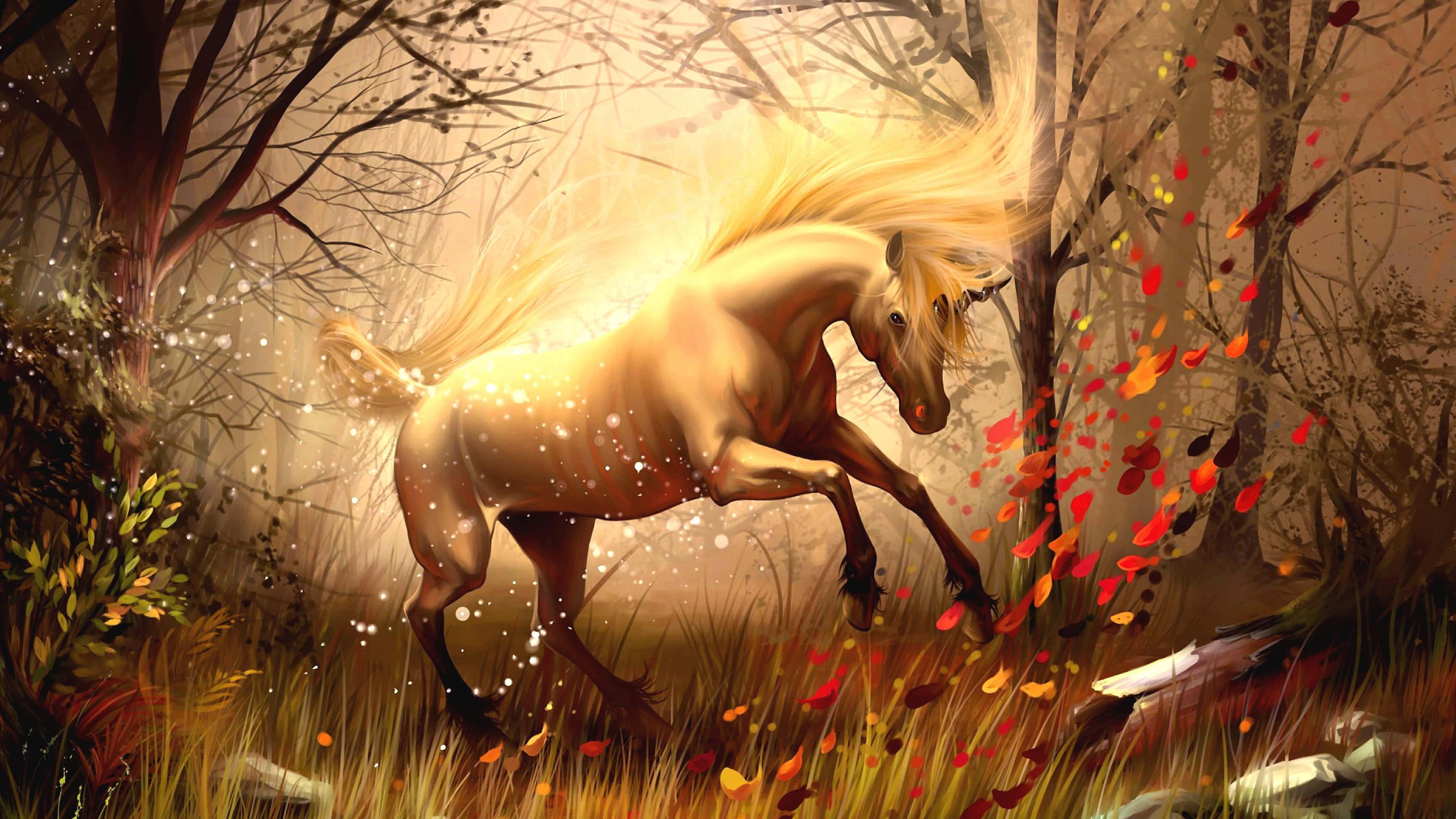 Myths 桌布 壁紙 — 一匹金色的馬奔騰穿過迷霧籠罩的秋日森林，散落紅葉和發光粒子。