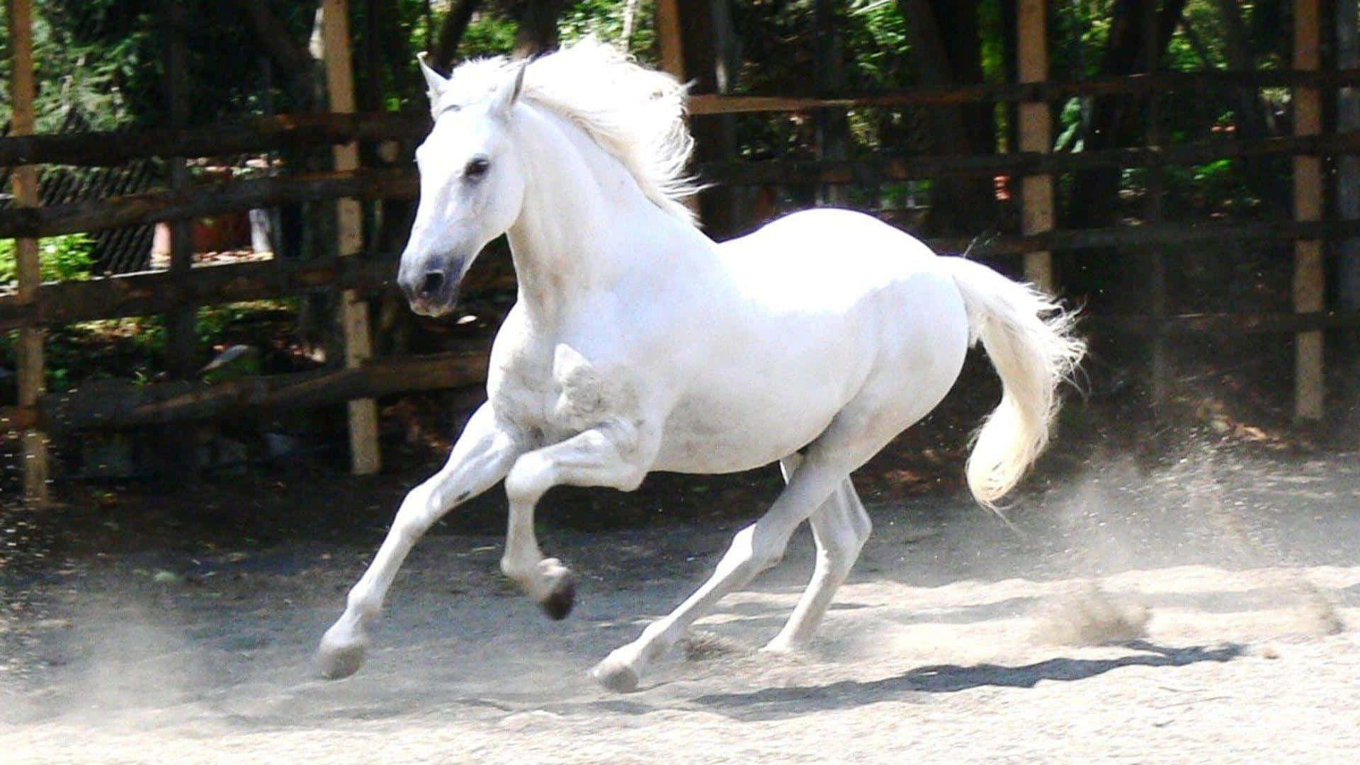 White Horse 桌布 壁紙 — 一匹雄偉的白馬在塵土飛揚的地面上強力奔馳，背景是茂密的綠樹和木柵欄。