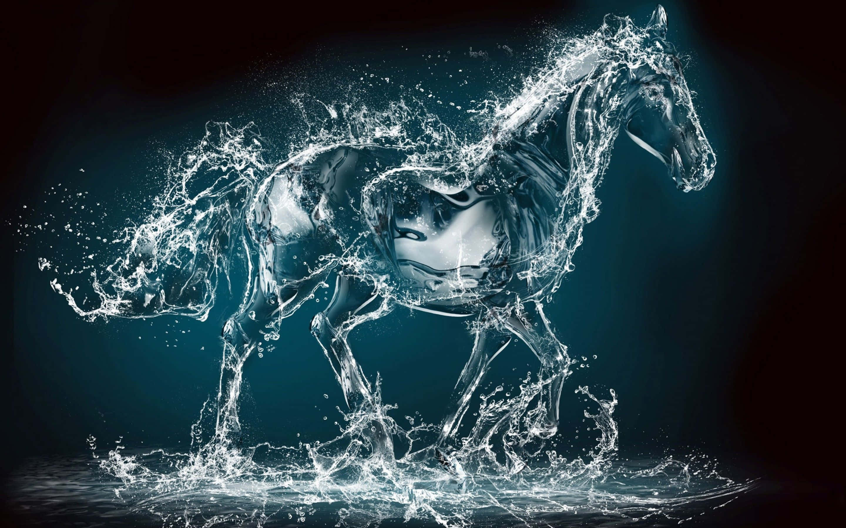 3d Animal 桌布 壁紙 — 一匹雄偉的馬匹奔騰穿過飛濺的水花，其形態在深藍綠色背景上閃爍著液體水滴。