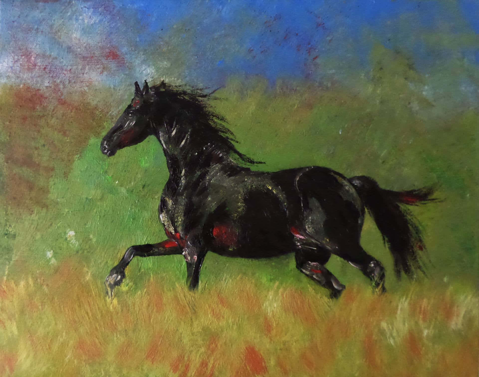 Beautiful Painting 桌布 壁紙 — 一匹黑馬在充滿活力的田野上奔騰，上方是旋轉的藍綠色天空，以富有表現力的油畫風格呈現。