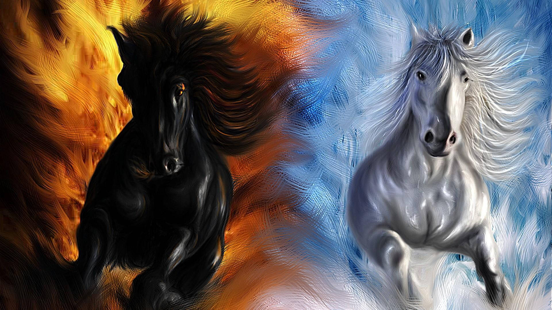 動物 桌布 壁紙 — 一匹黑馬在熾熱的橙色火焰中奔騰，而一匹白馬在冰冷的藍色迷霧中疾馳，構成動態的數位藝術作品。
