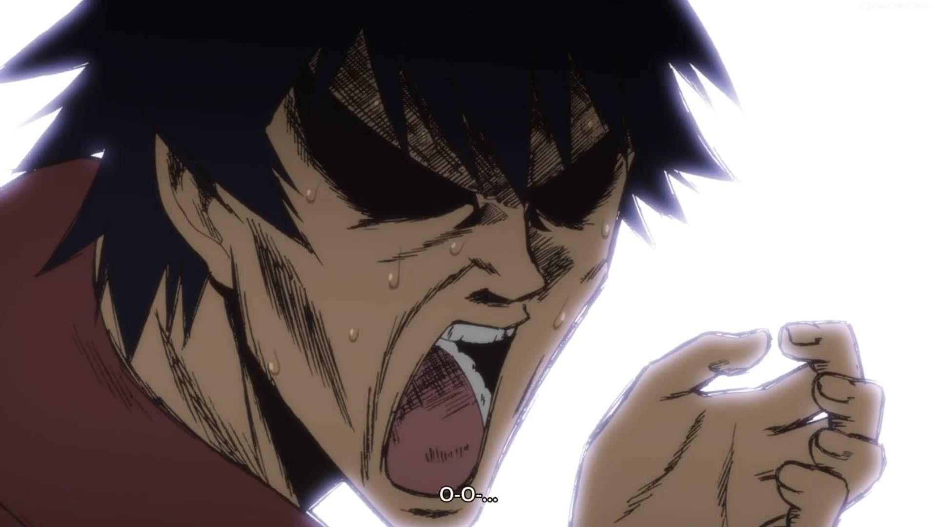一十郎搞笑臉 壁紙 — 一個動漫角色咬緊牙關，汗水順著臉頰流下，在明亮的白色背景前尖叫。