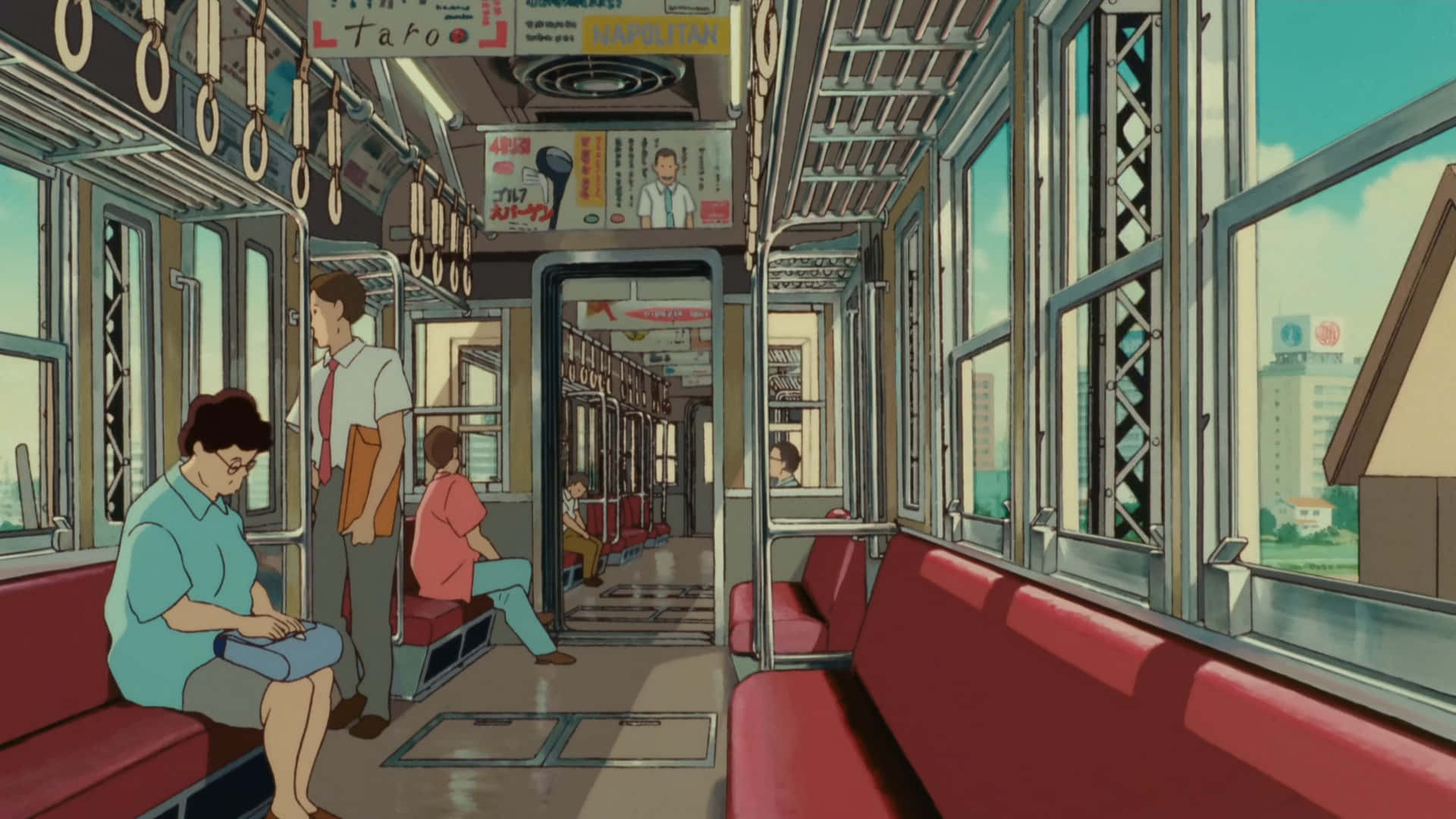 Whisper Of The Heart 桌布 壁紙 — 一卡寧靜的動畫火車車廂，乘客或坐或站，紅色座椅，窗外是明亮的城市景觀。