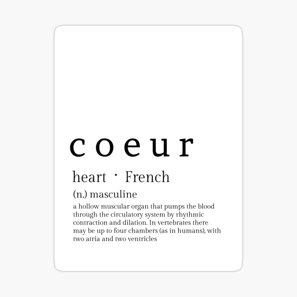 法語單詞 coeur 被定義為心臟，並以白色背景上的極簡黑色文字附有解剖學描述。