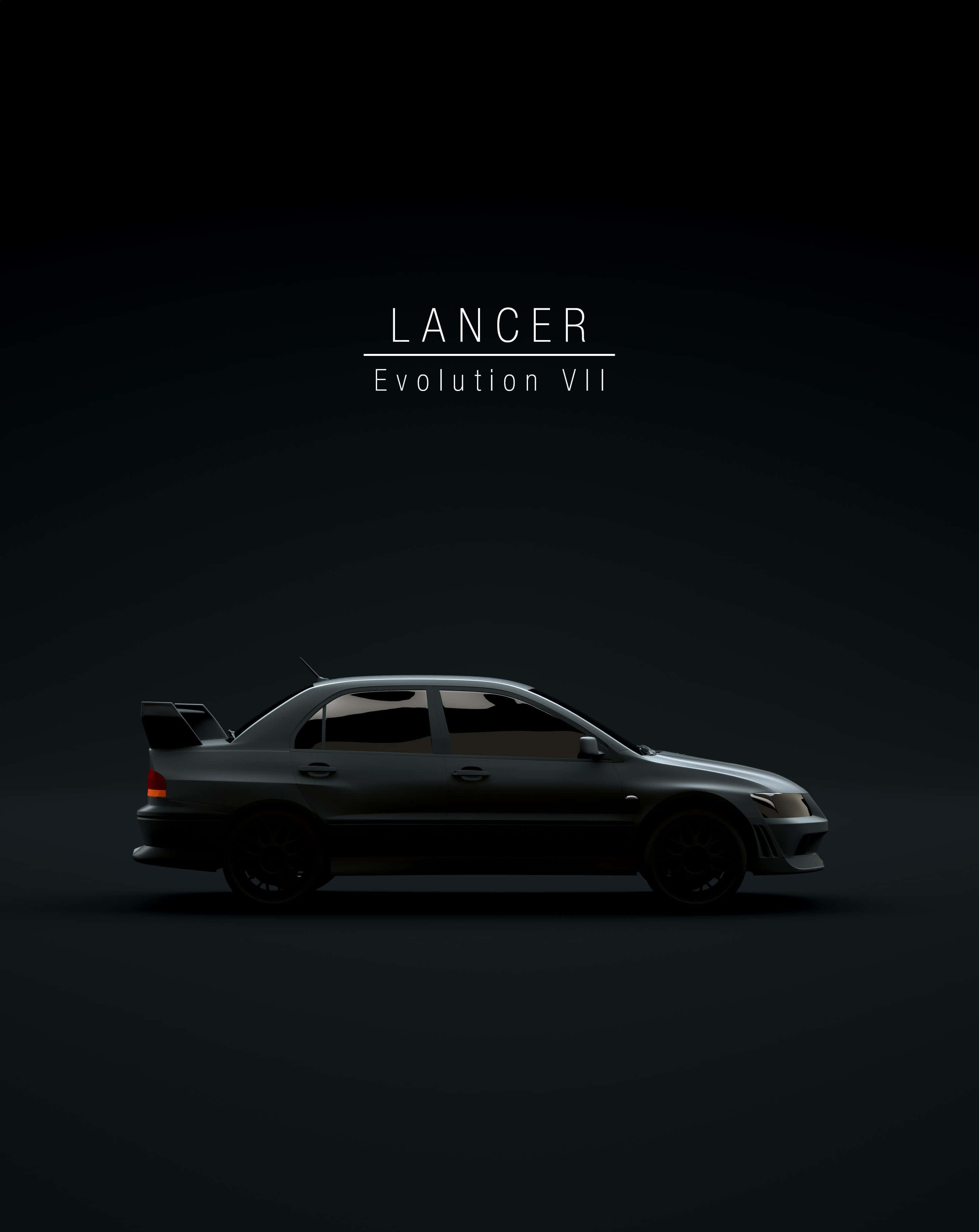 Minimalist Car 桌布 壁紙 — 一台時尚的深灰色Lancer Evolution VII轎車在漸變黑色背景上帶有文字疊加，散發出微妙的光芒。