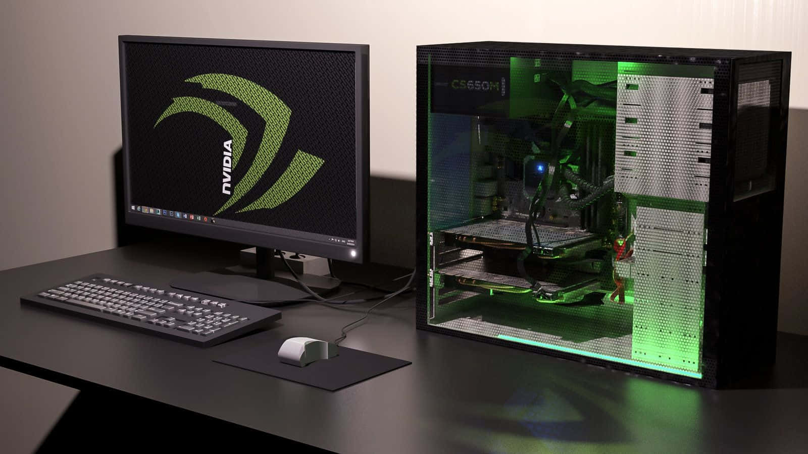 帶有綠色LED燈光和顯示器上NVIDIA標誌的遊戲PC。