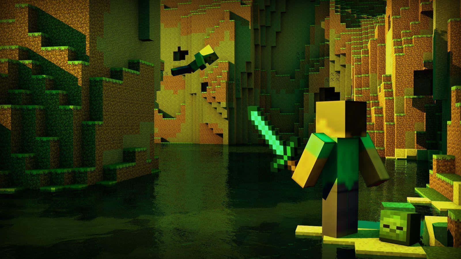 型格 Minecraft 桌布 壁紙 — 一名Minecraft玩家在像素化叢林峽谷中揮舞著發光的劍，附近有一隻苦力怕。