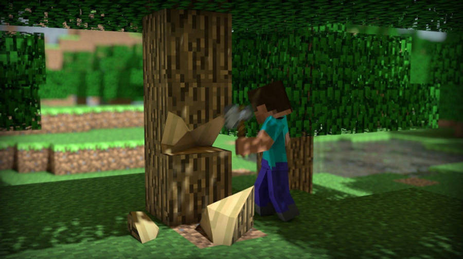 草 桌布 壁紙 — 一名Minecraft玩家在明亮的日光下，於像素化的森林生物群落中用斧頭砍樹。