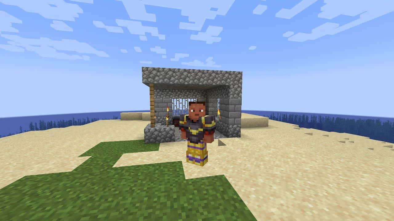 Minecraft Armor 桌布 壁紙 — 一名Minecraft玩家站在一個石拱門前，身處一個有草的海灘，上方是晴朗藍天和蓬鬆白雲。