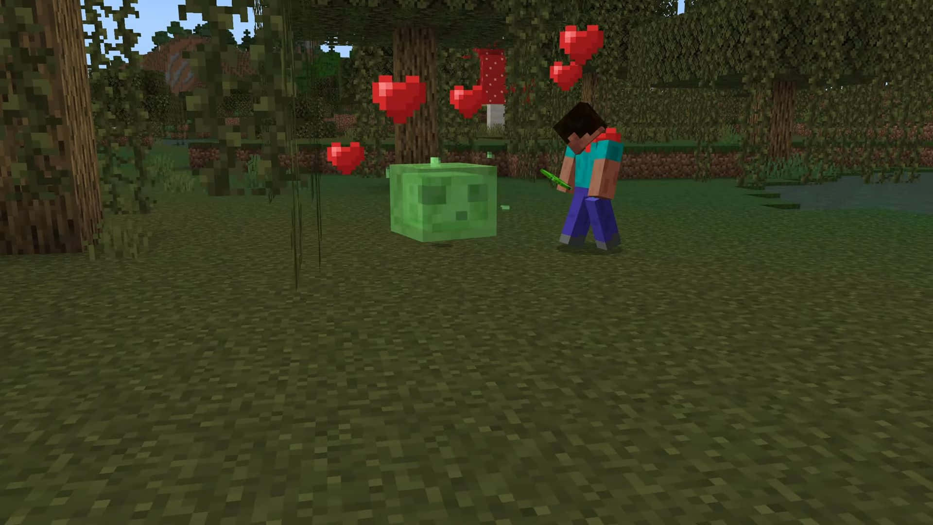 Minecraft Survival 桌布 壁紙 — 一名Minecraft玩家站在森林中，手持劍面對一隻綠色喪屍，頭頂有漂浮的紅色心形。