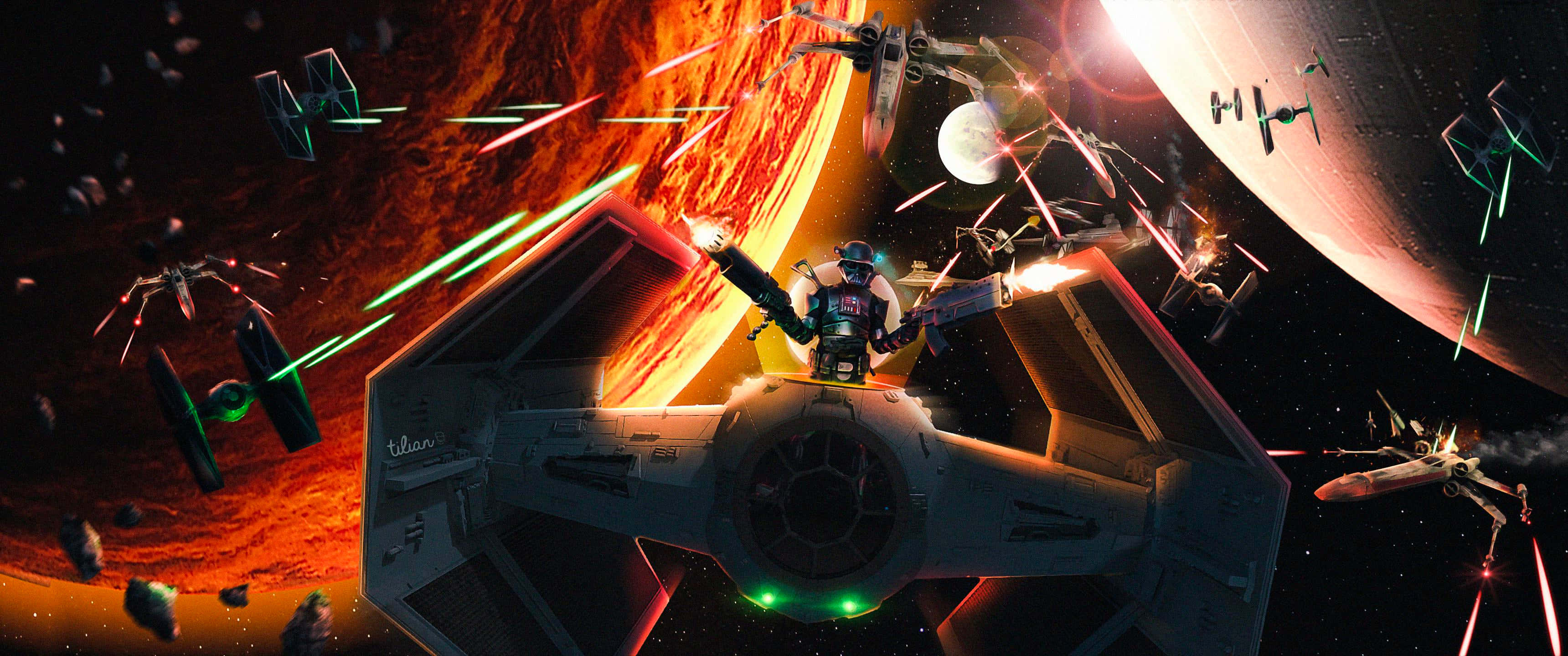 The Battle Of Yavin 桌布 壁紙 — 一名TIE戰鬥機飛行員在熾熱行星和發光雷射爆炸中與反抗軍星際戰鬥機在太空作戰。