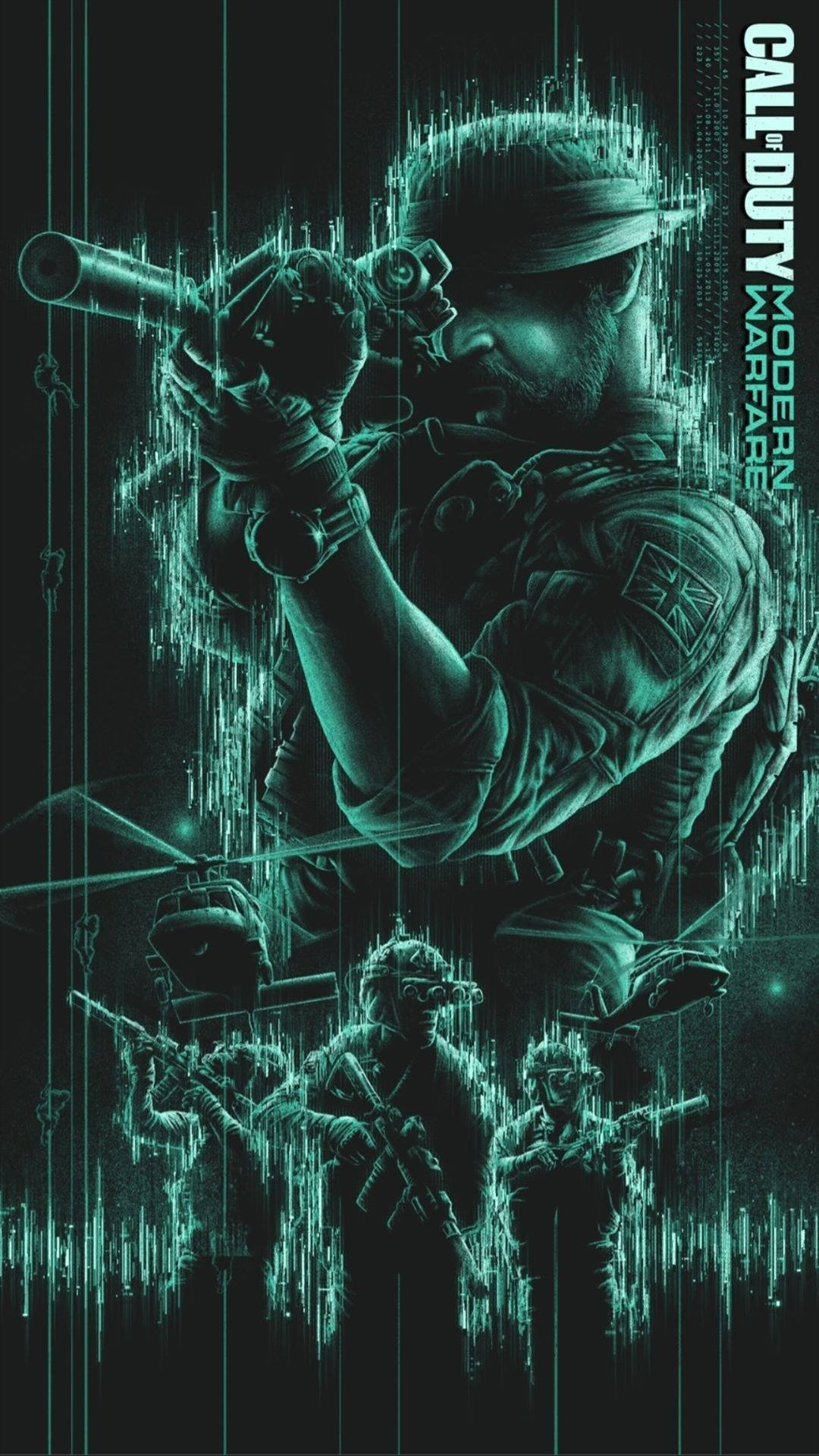 Call Of Duty Modern Warfare iPhone 桌布 壁紙 — 一名以數位故障藝術風格呈現的士兵瞄準步槍，下方有隊友，全部以青色渲染在深色背景上。
