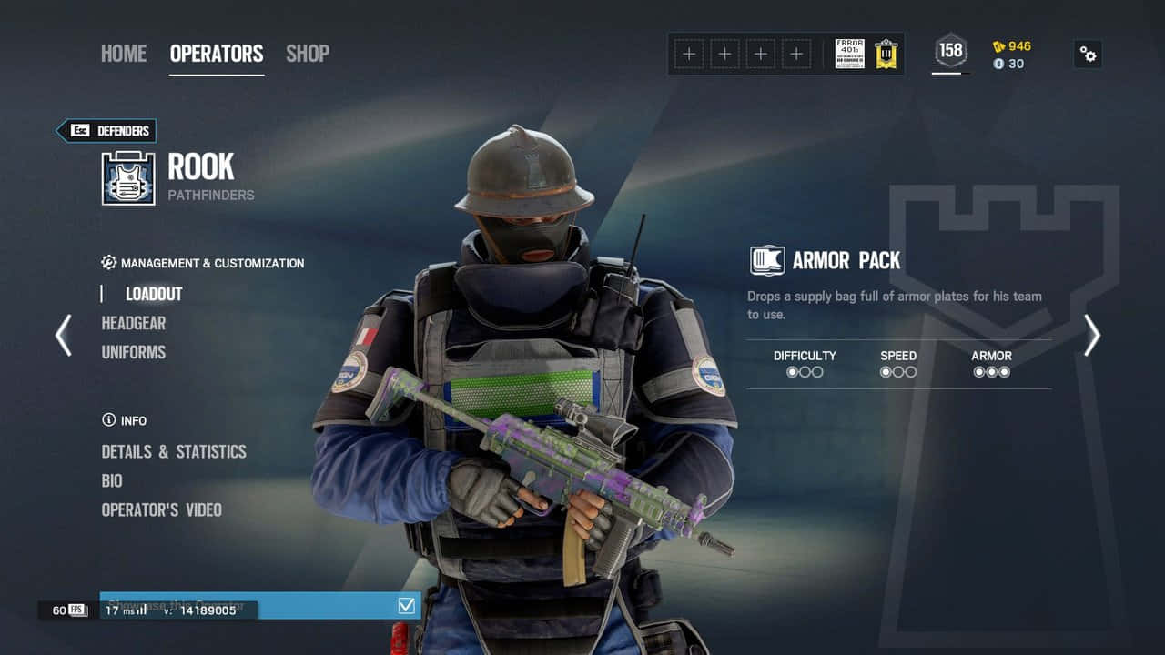 Rainbow Six Siege Rook 桌布 壁紙 — 一名來自電子遊戲的戰術士兵Rook站在選單畫面中，手持一把色彩繽紛的突擊步槍。