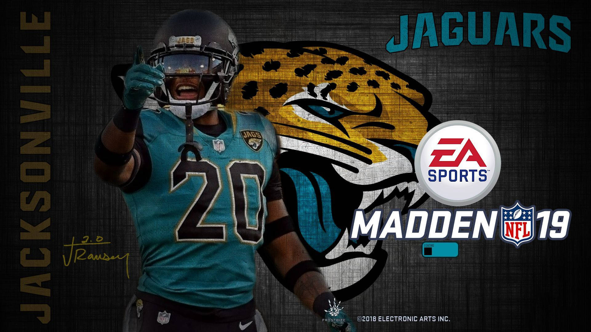 Jalen Ramsey NFL Madden 壁紙 — 一名傑克遜維爾美洲虎隊的足球運動員身穿青綠色20號球衣，咆哮著指向，背景是粗糙的牆壁，帶有美洲虎標誌和Madden NFL 19品牌標識。