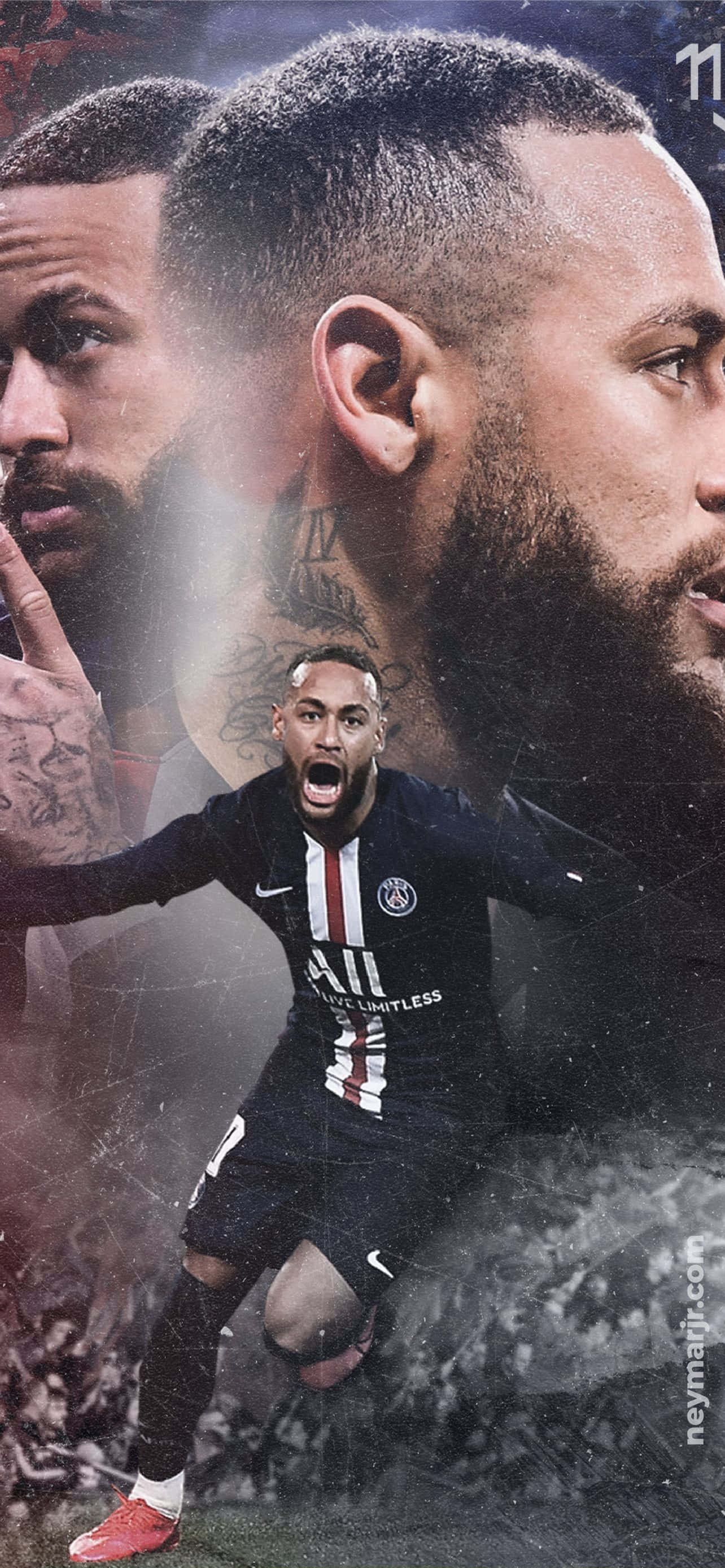 Neymar 桌布 壁紙 — 一名充滿活力的足球員身穿巴黎聖日耳曼球衣，張開雙臂慶祝，背景是他自己臉部的分層圖像。