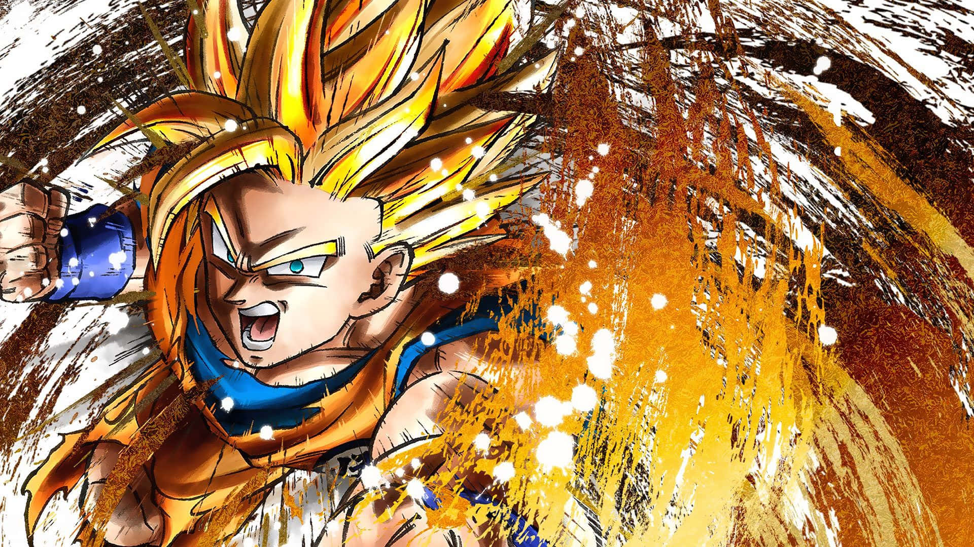 Dragon Ball Fighterz 桌布 壁紙 — 一名兇猛的動漫戰士，擁有尖刺金髮和藍色盔甲，在爆炸性的橙色和棕色能量條紋中咆哮。