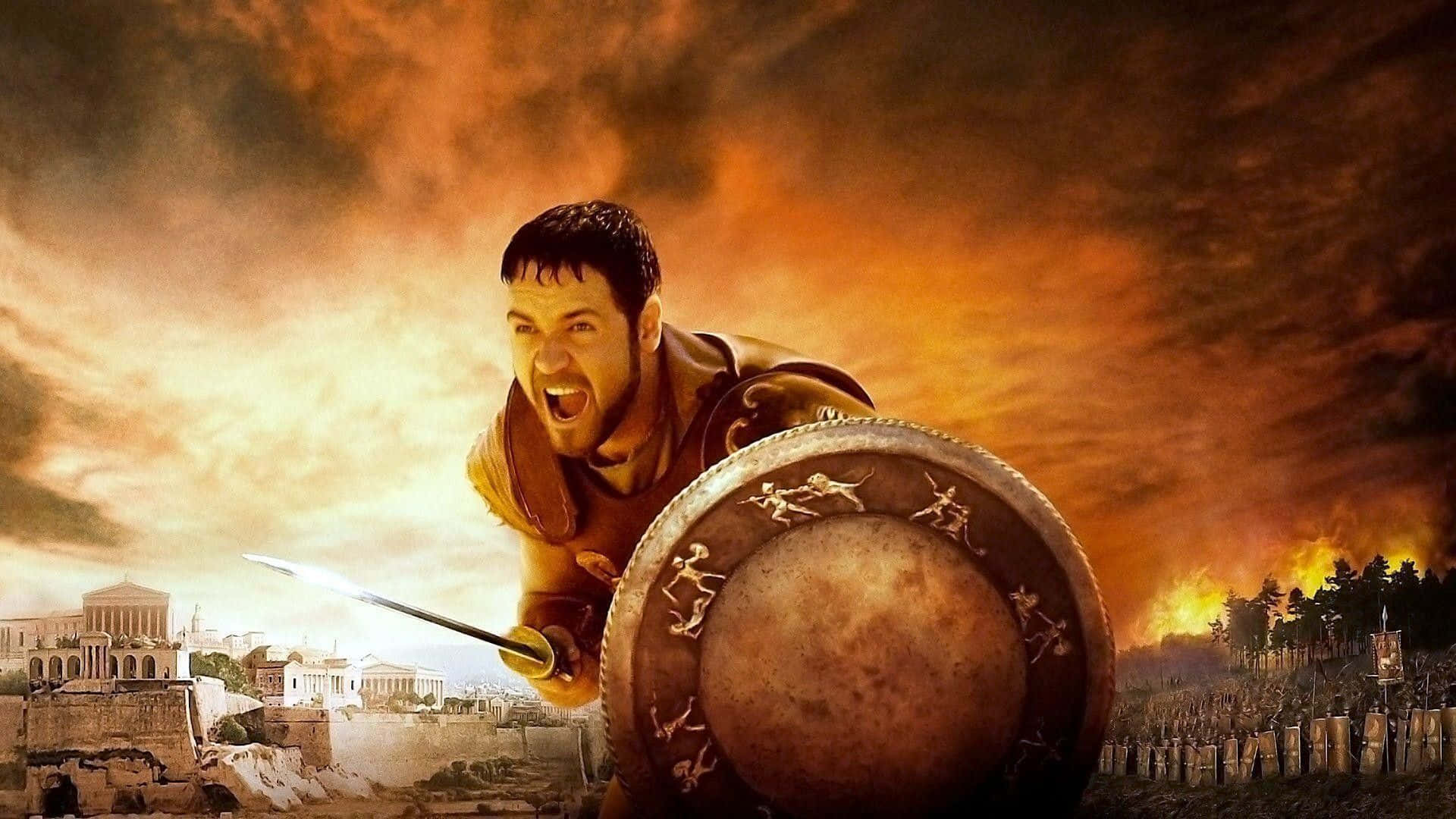 Action Movie 桌布 壁紙 — 一名兇猛的戰士在燃燒的戰場和古城廢墟背景下，揮舞劍與盾牌咆哮。