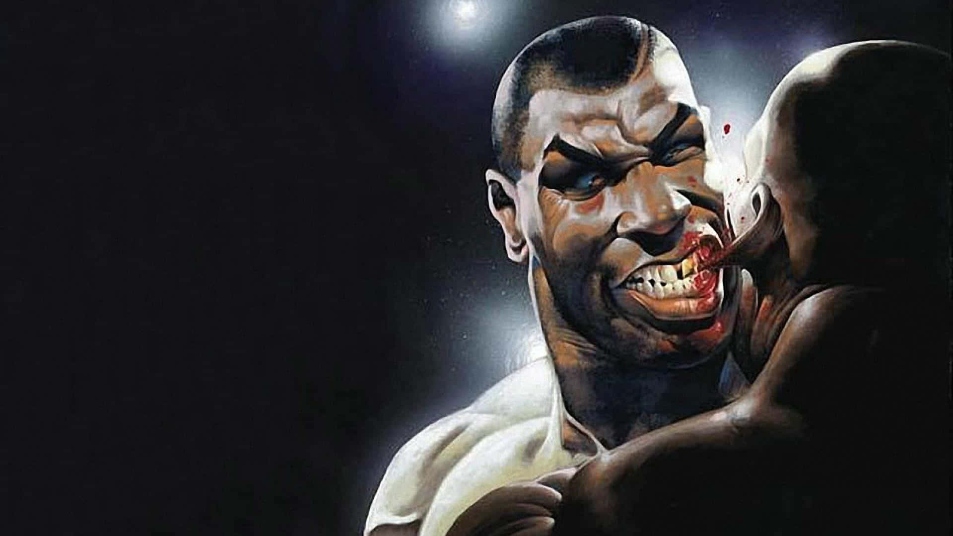 mike tyson 桌布 壁紙 — 一名兇猛的拳擊手在黑暗擂台上的聚光燈下向對手發出殘酷的一拳。