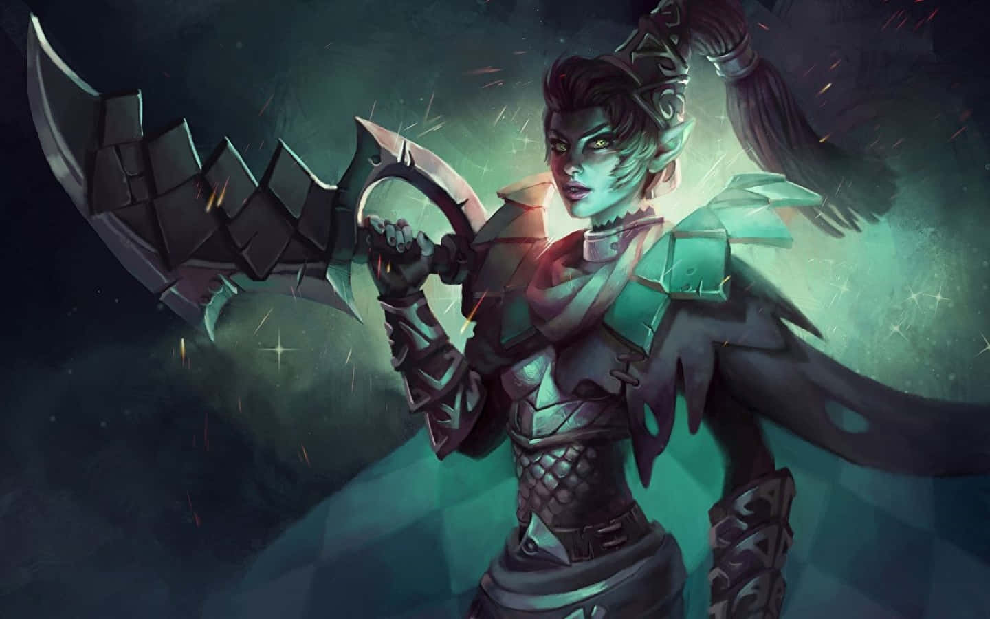Phantom Assassin 桌布 壁紙 — 一名兇猛的精靈戰士身穿華麗的暗色盔甲，在發光的綠色神秘背景下揮舞著一把巨大的彎曲刀刃。