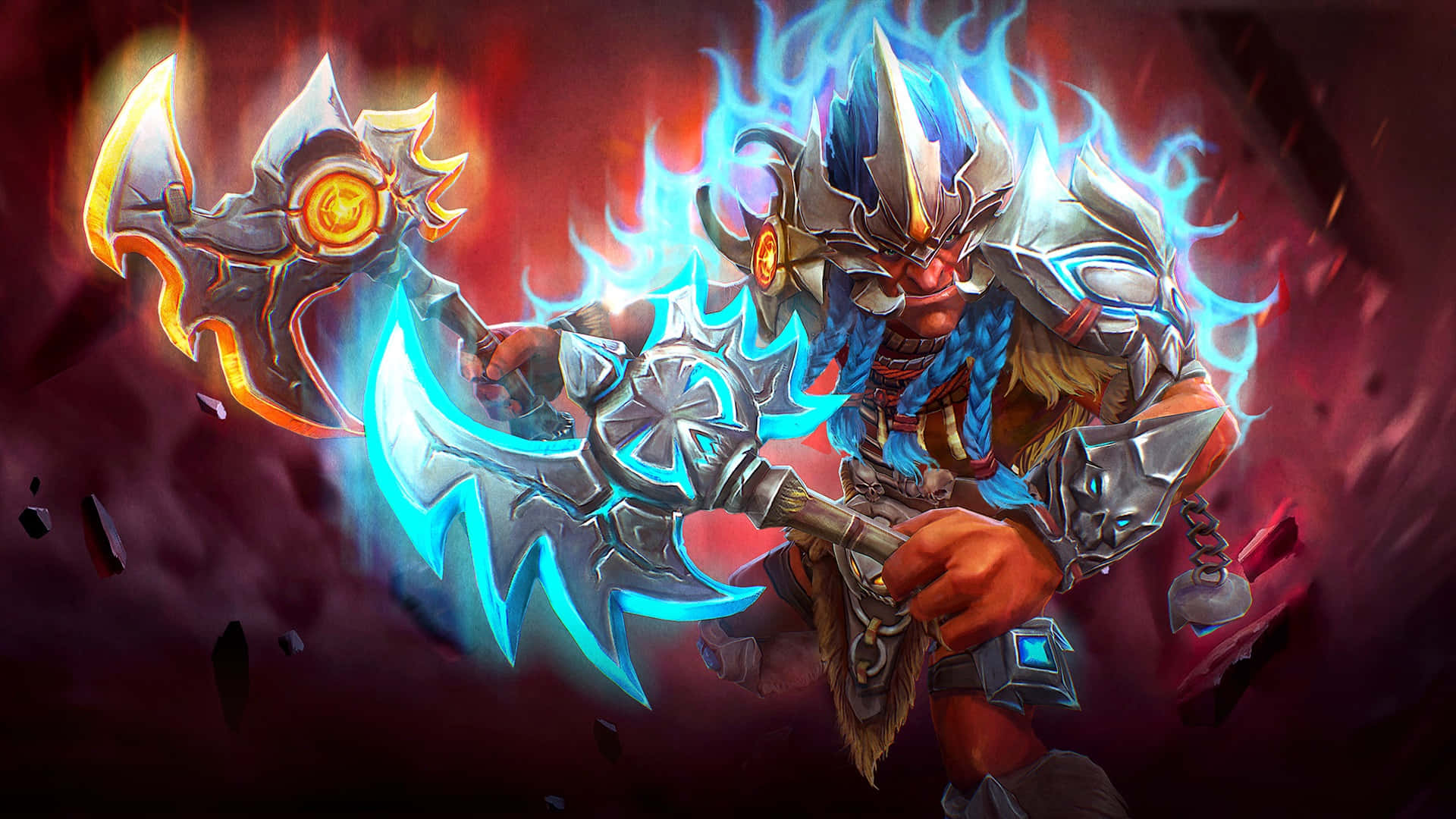 Dota 2 Heroes 桌布 壁紙 — 一名兇猛的裝甲戰士在深紅色背景中揮舞著發光的藍色斧頭和火焰錘，周圍漂浮著碎片。