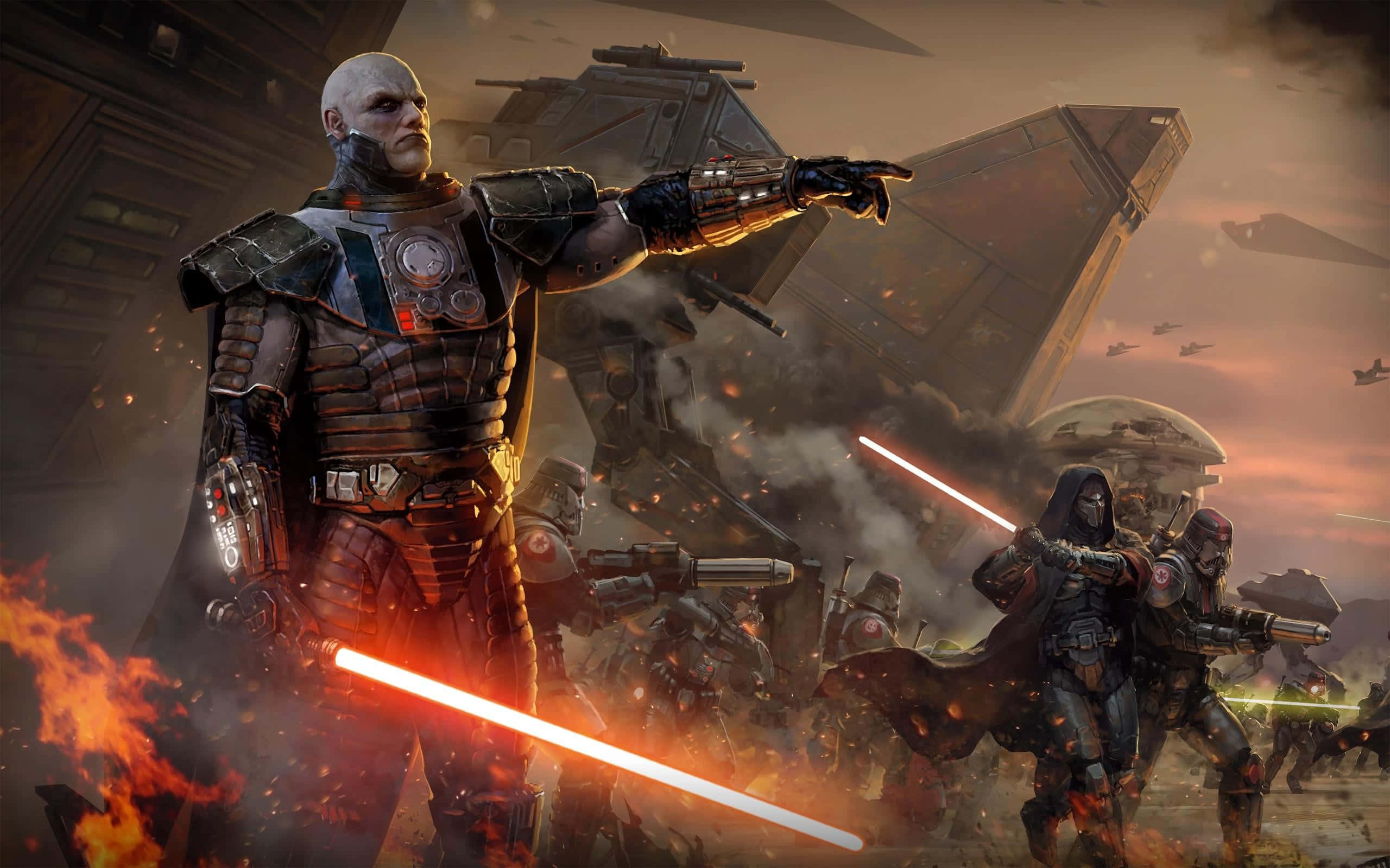 Star Wars Games 桌布 壁紙 — 一名光頭戰士身穿裝甲，在熾熱的戰場上揮舞紅色光劍，背景有風暴兵和星際戰機。