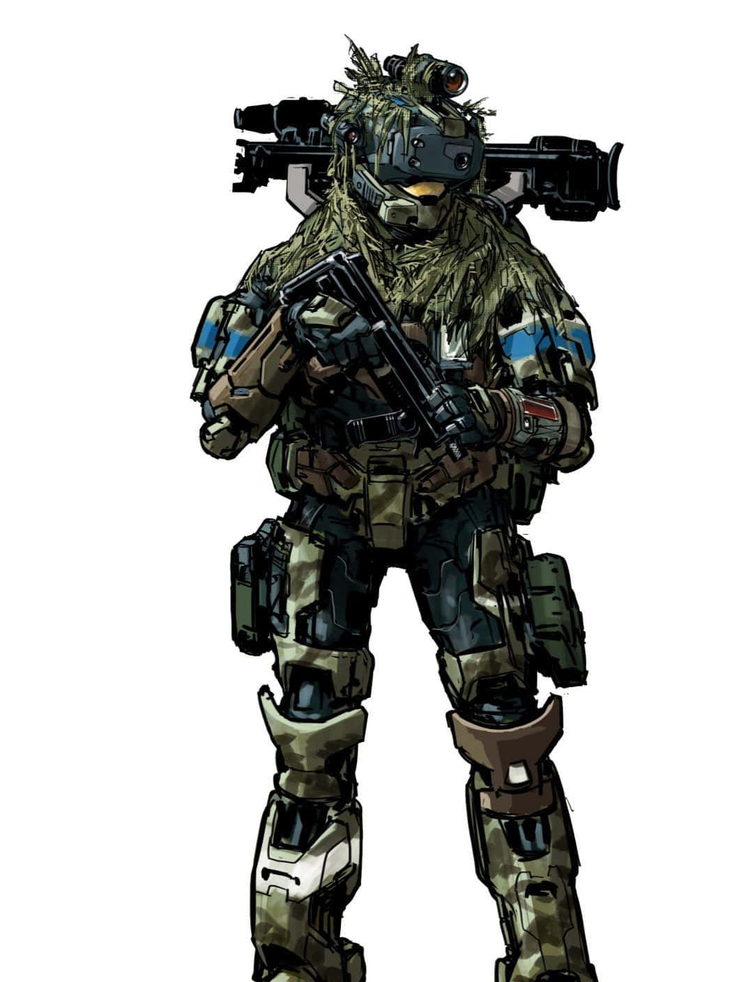 Halo Unsc 桌布 壁紙 — 一名全副偽裝裝備和頭盔的重武裝士兵，手持步槍和安裝的武器，站在純白色背景前。