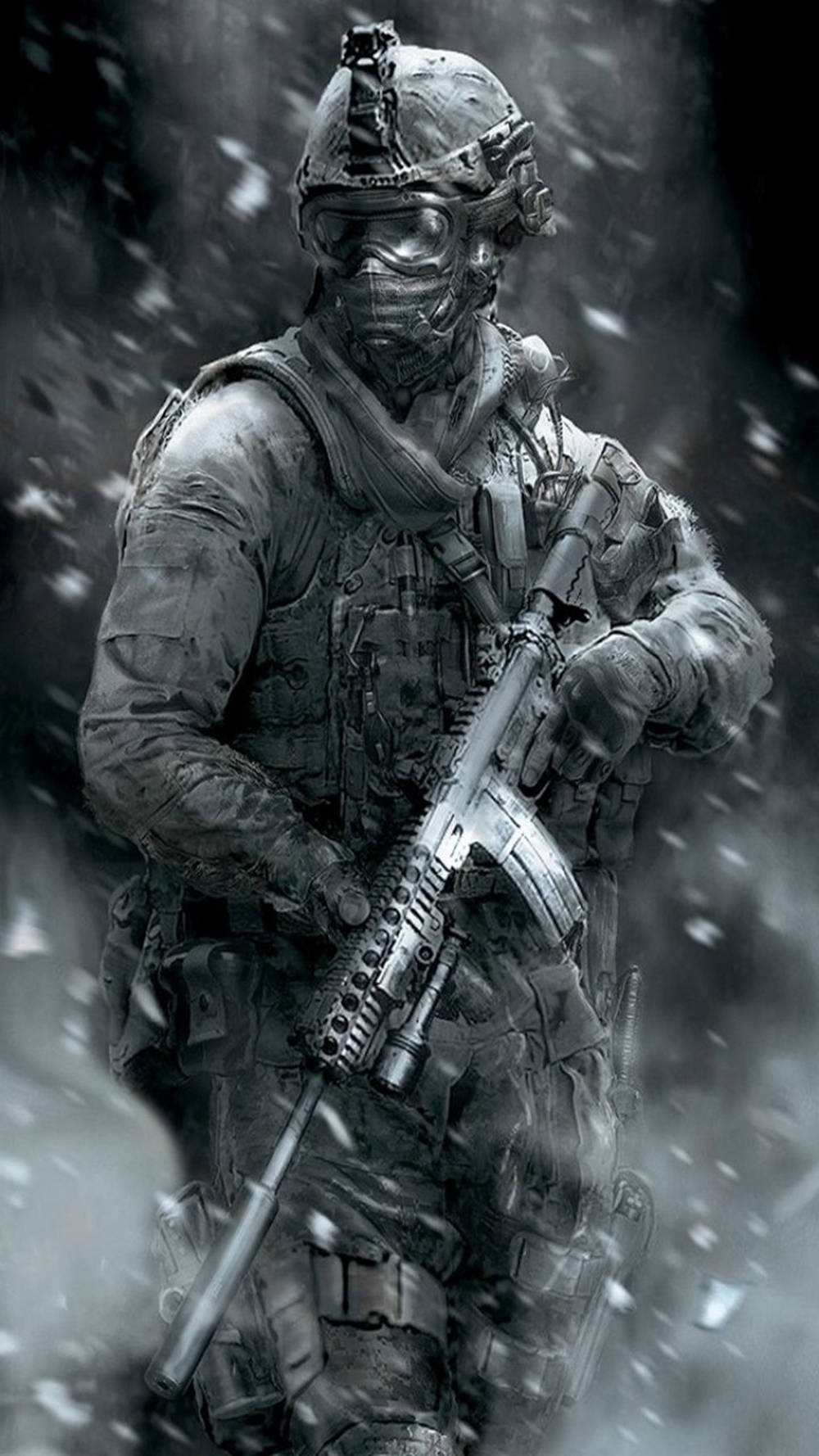 Call Of Duty Modern Warfare iPhone 桌布 壁紙 — 一名全副戰術裝備的重武裝士兵在暴風雪中堅定站立，雪花在他周圍旋轉。