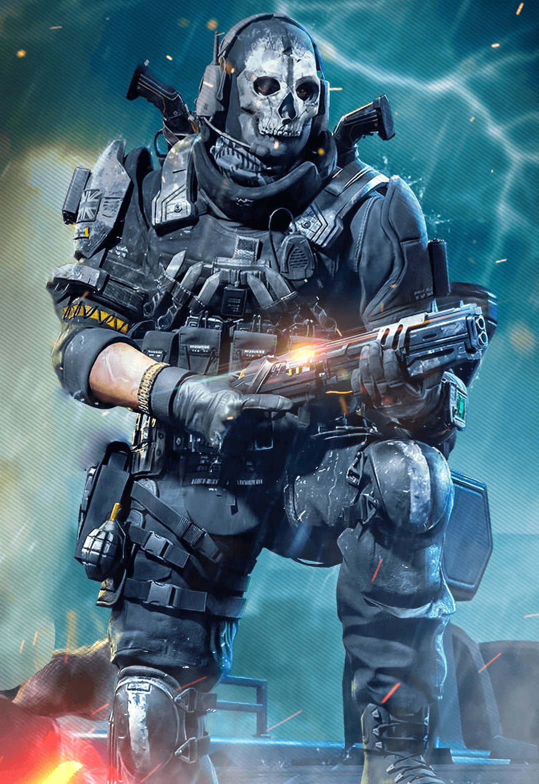 Call Of Duty Ghosts 桌布 壁紙 — 一名全副武裝、戴著骷髏面具和戰術裝備的士兵，在暴風雨般的青綠色背景下，發射發光武器，火花四濺。