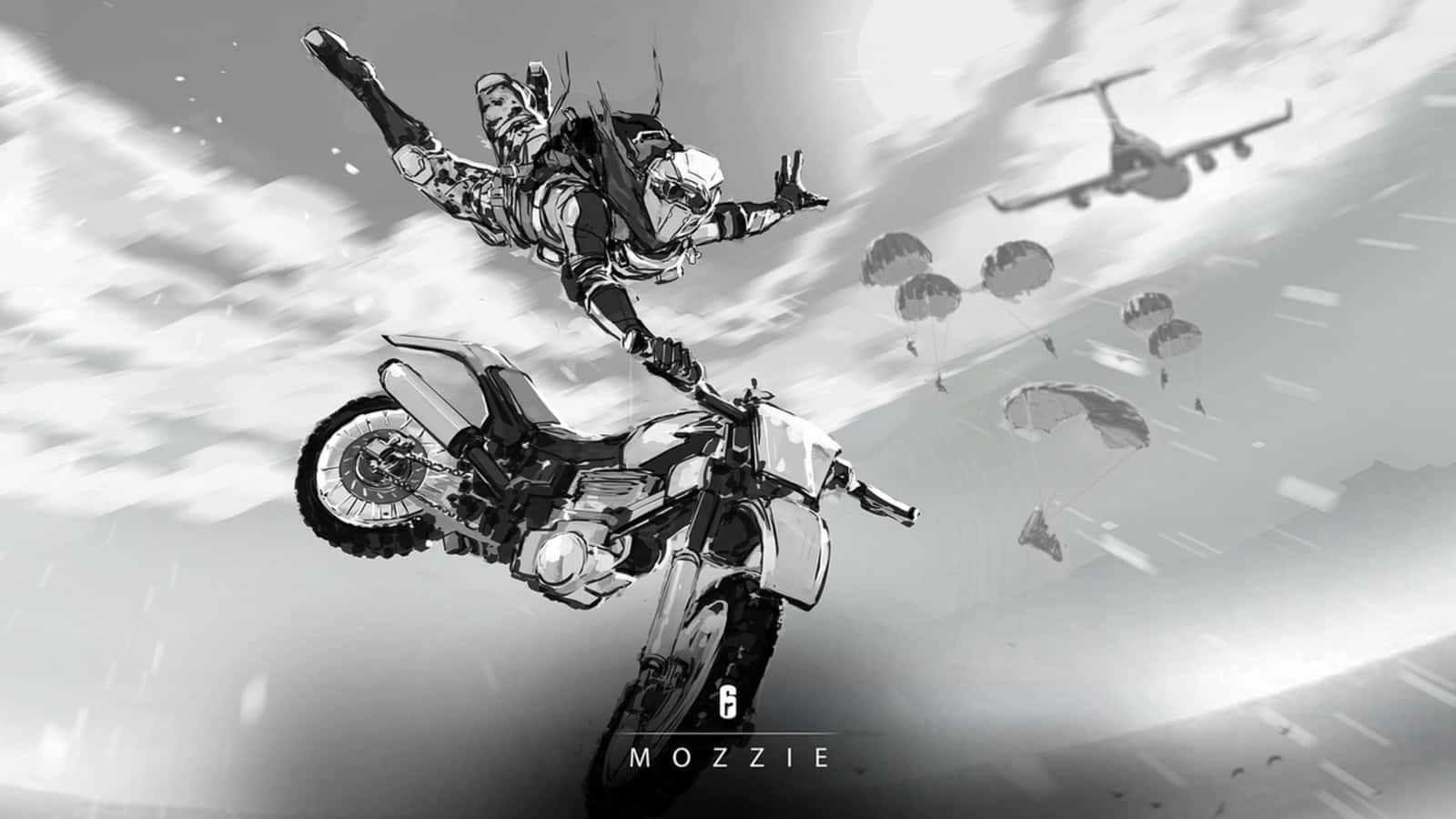 Rainbow Six Siege Mozzie 桌布 壁紙 — 一名全副武裝的士兵在半空中從電單車上跳下，背後有降落傘和飛機下降。