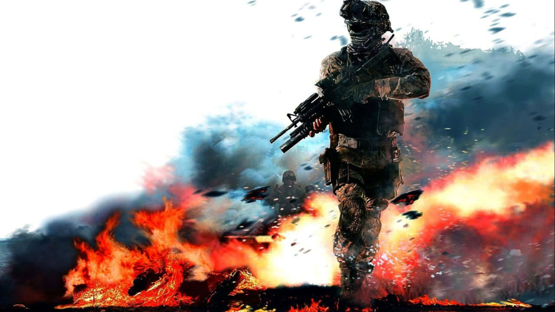 Call Of Duty Weapons 桌布 壁紙 — 一名全副武裝的士兵在明亮的白色背景下，大步穿過熾熱的爆炸和煙霧。