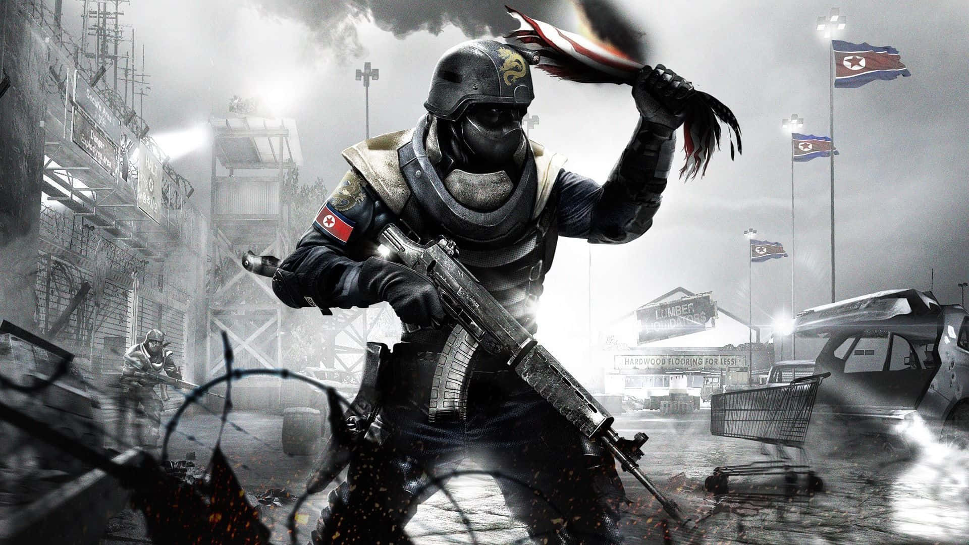 Cool Gaming 桌布 壁紙 — 一名全副武裝的士兵在煙霧和瓦礫遍佈的戰爭廢墟城市中揮舞步槍和燃燒的旗幟。