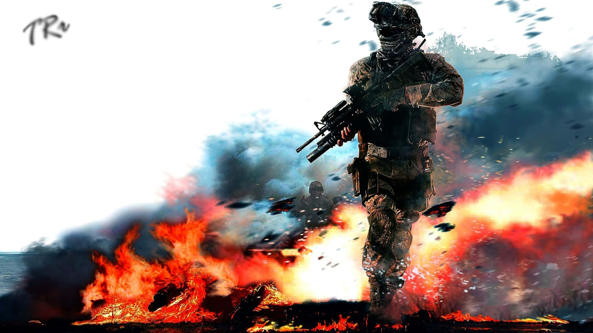 Call Of Duty Battles 桌布 壁紙 — 一名全副武裝的士兵在煙霧和碎片旋轉的熾熱爆炸中大步前行。