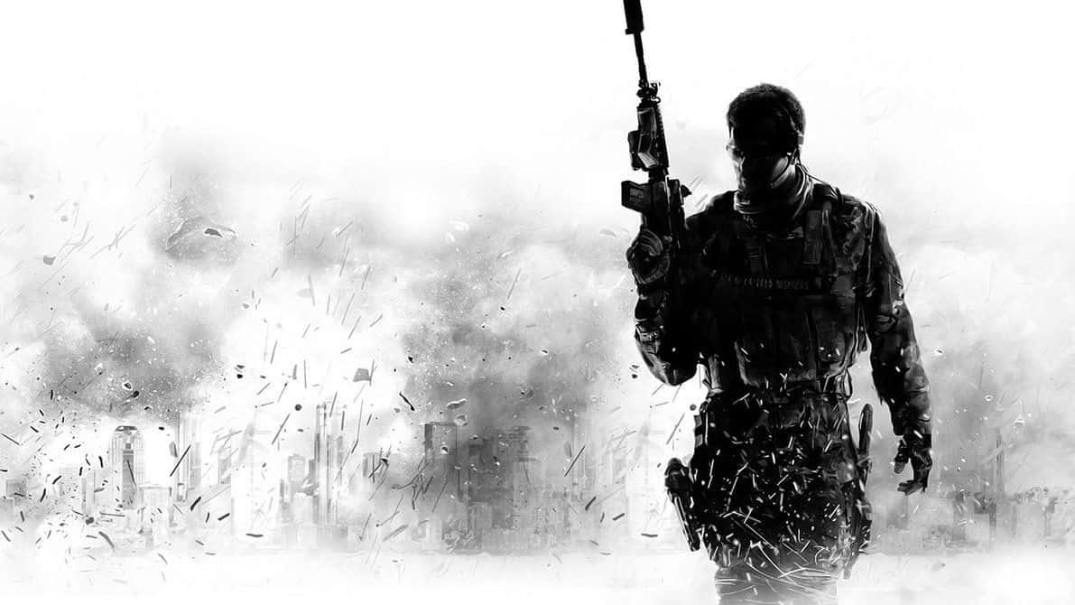 Cod 桌布 壁紙 — 一名全副武裝的士兵在煙霧和碎片環繞的雪地城市戰場上挑釁地站立。