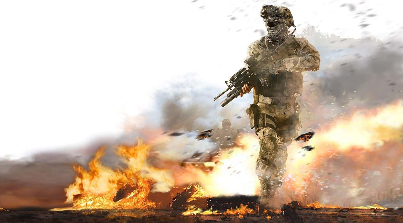 Call Of Duty First Person Shooter 桌布 壁紙 — 一名全副武裝的士兵在燃燒的戰場上奔跑，身後爆炸和煙霧爆發。